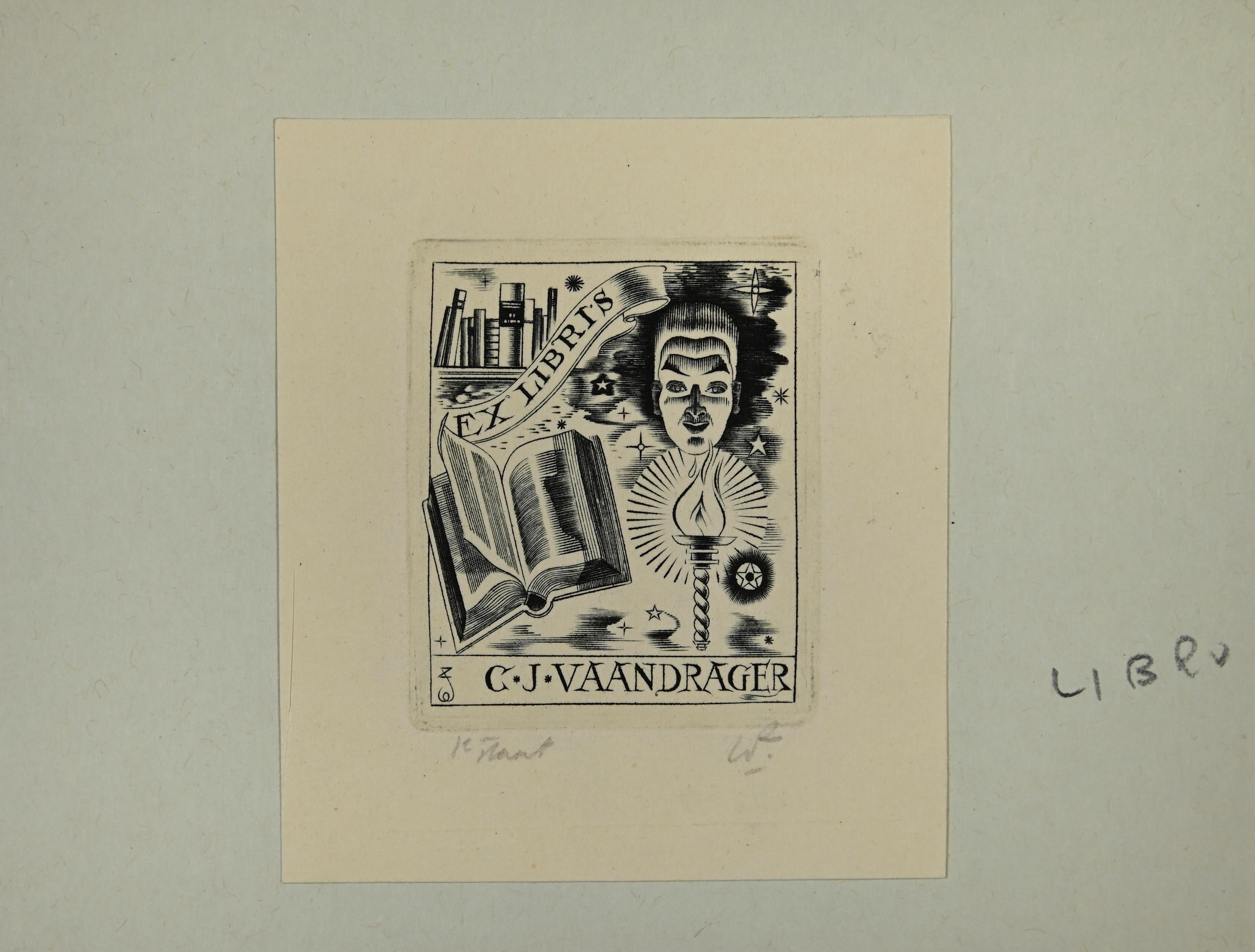 Unknown Figurative Print - Ex-Libris - C.J. Vaandrager - woodcut - Mid 20th Century