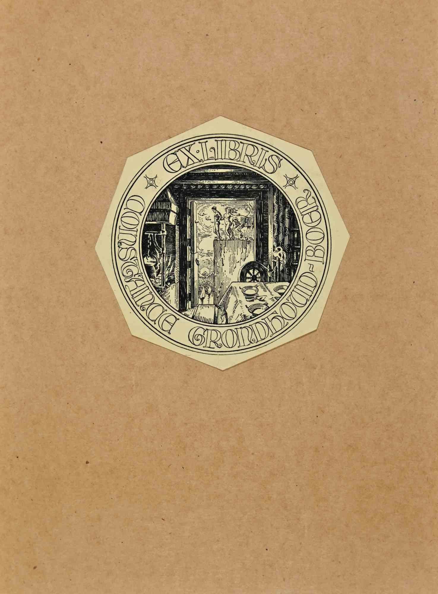 Unknown Figurative Print – Ex Libris – Constance Grondfoud Boer – Holzschnitt – Mitte des 20. Jahrhunderts