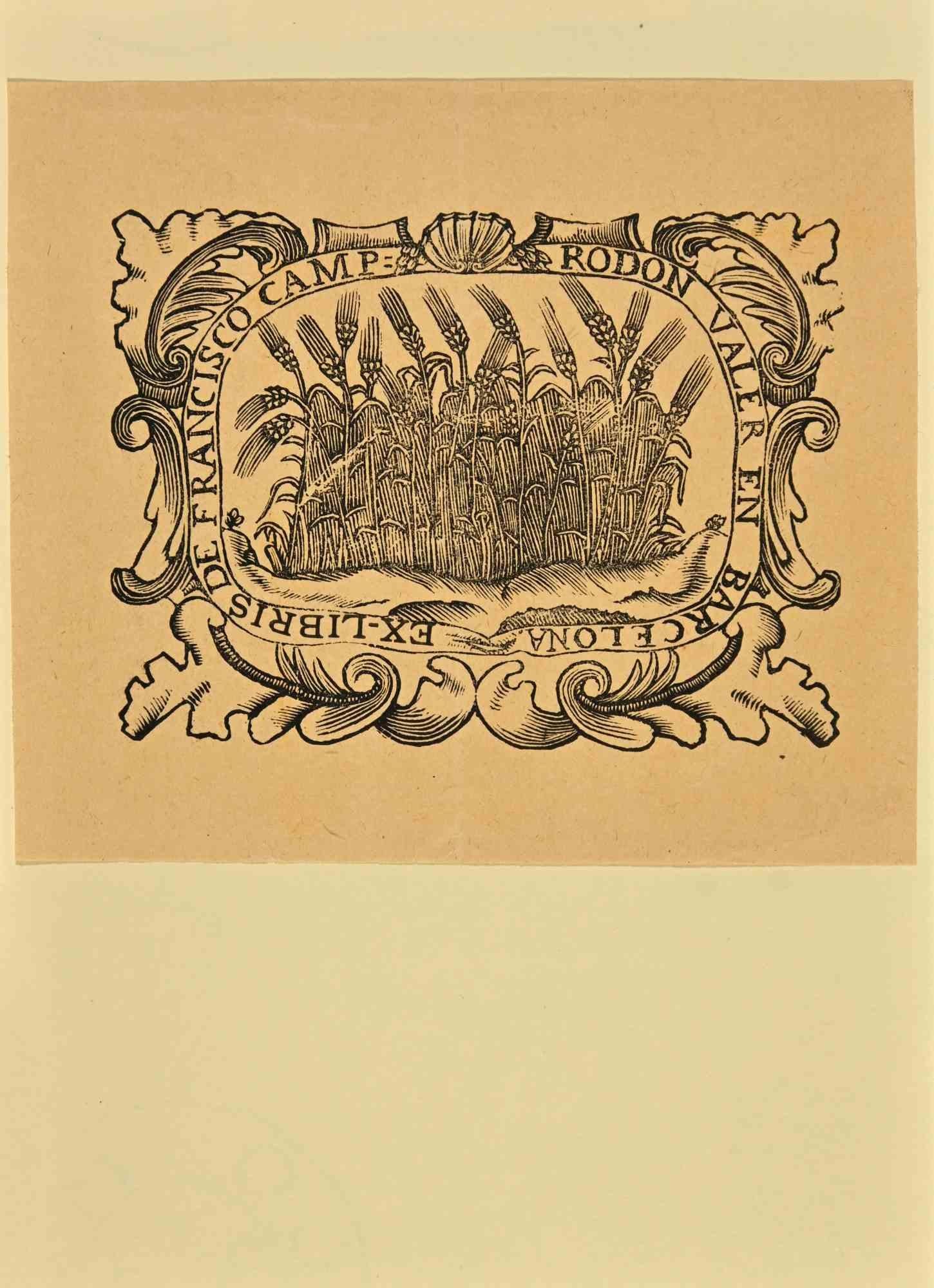 Unknown Figurative Print – Ex Libris de Francisco Camp Rodon Valer – Holzschnittdruck – Mitte des 20. Jahrhunderts