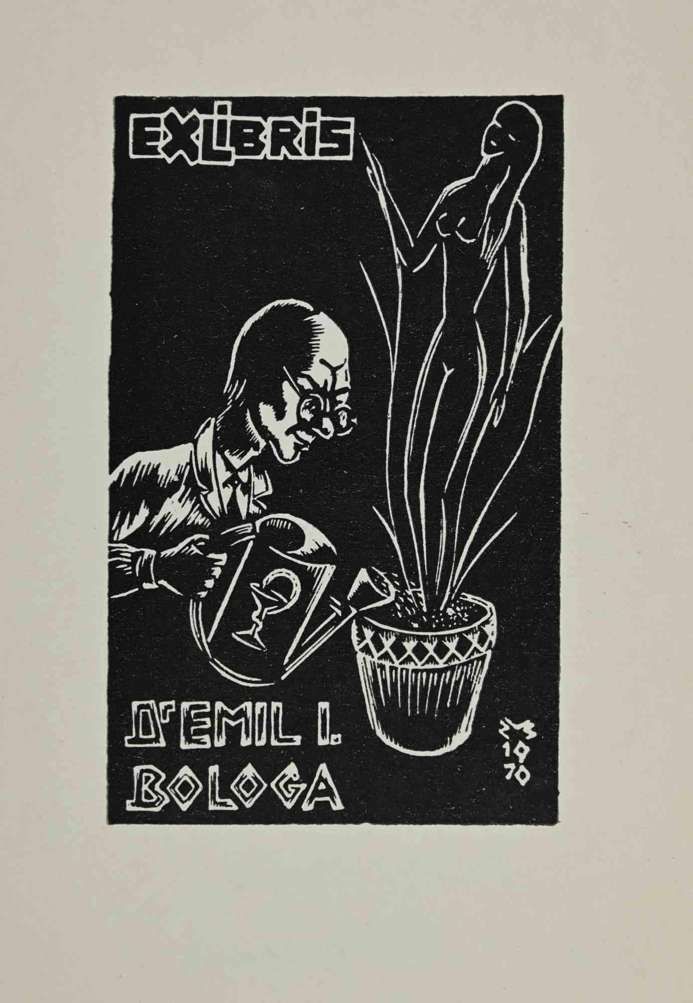 Unknown Figurative Print - Ex-Libris - D'Emil I. Bologa - Woodcut - Mid 20th Century