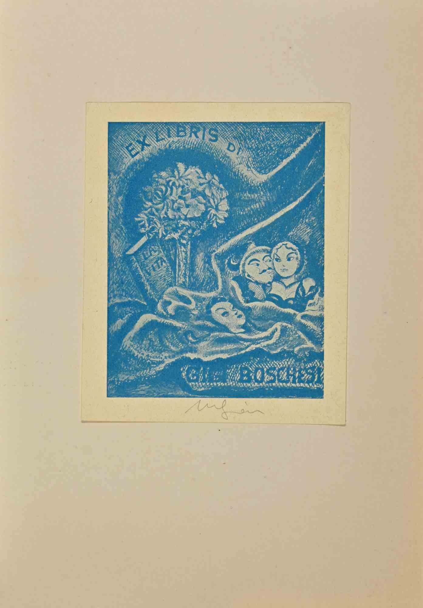 Unknown Figurative Print -  Ex Libris  di Gigi Boschesi - Woodcut - Mid-20th century