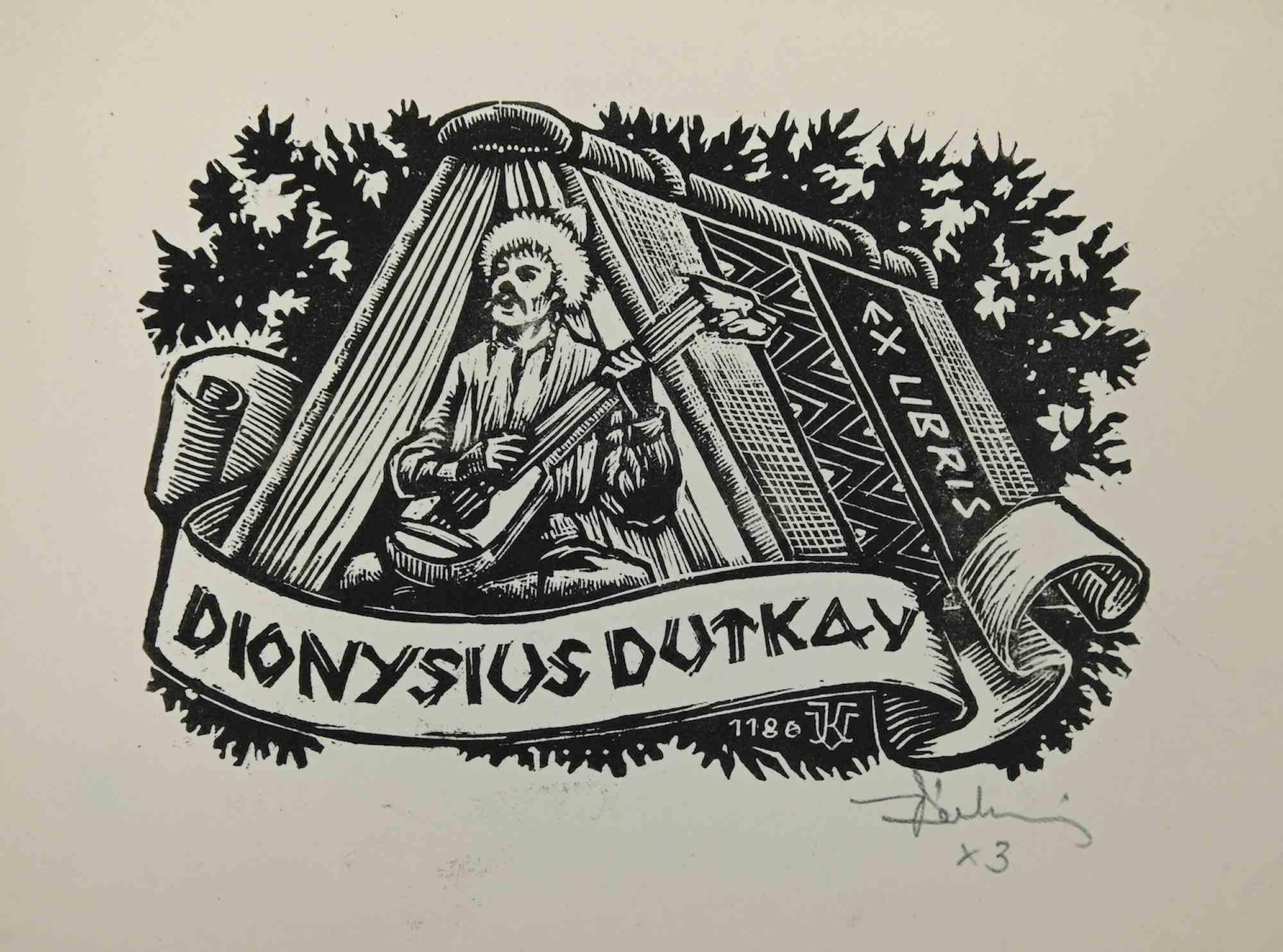 Unknown Portrait Print - Ex-Libris - Dionysius Dutkay - Woodcut Print - Mid-20th Century