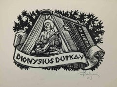 Vintage Ex-Libris - Dionysius Dutkay - Woodcut Print - Mid-20th Century