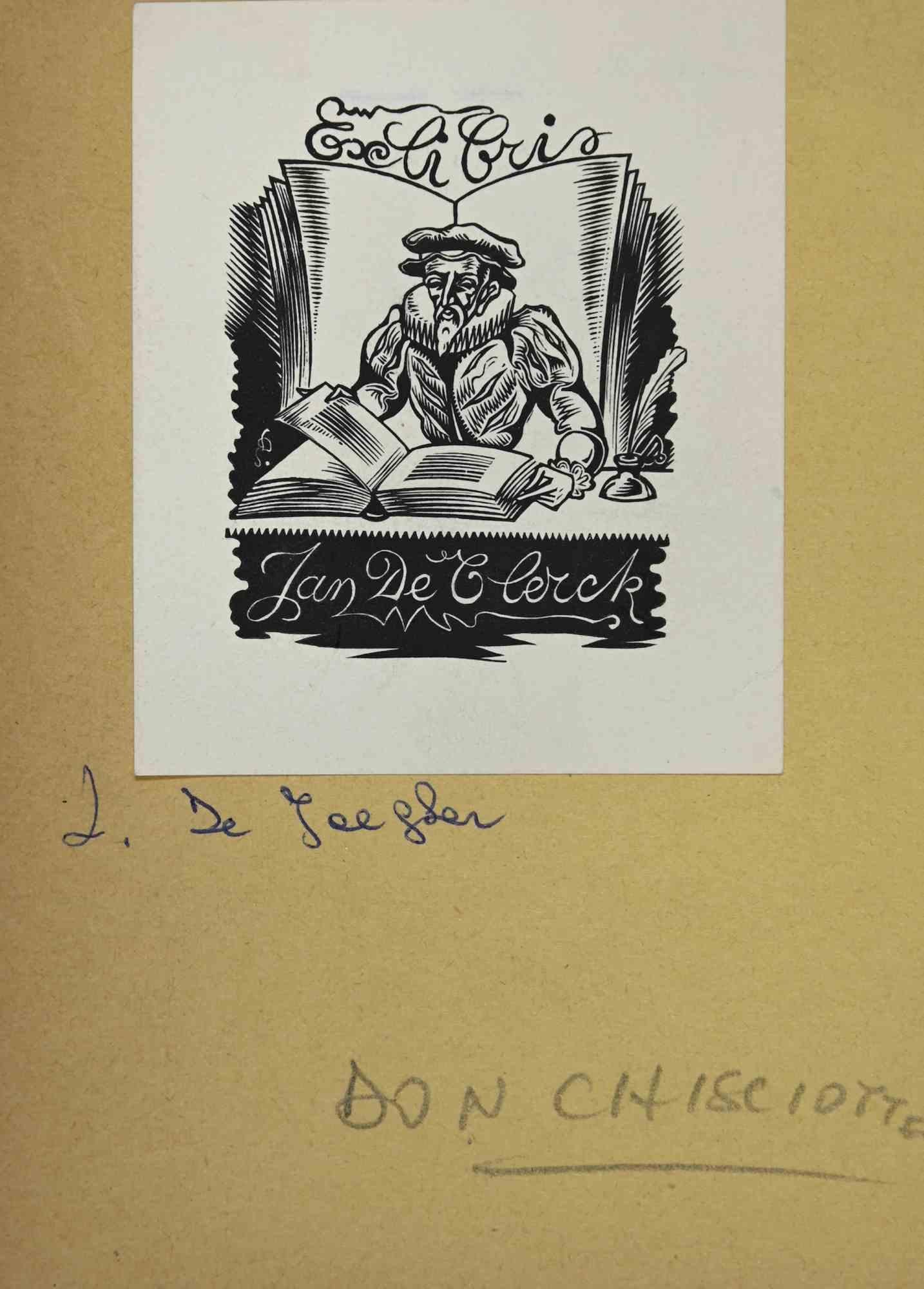 Unknown Figurative Print - Ex-Libris - Don Chisciotte - Woodcut Print - Mid-20th Century