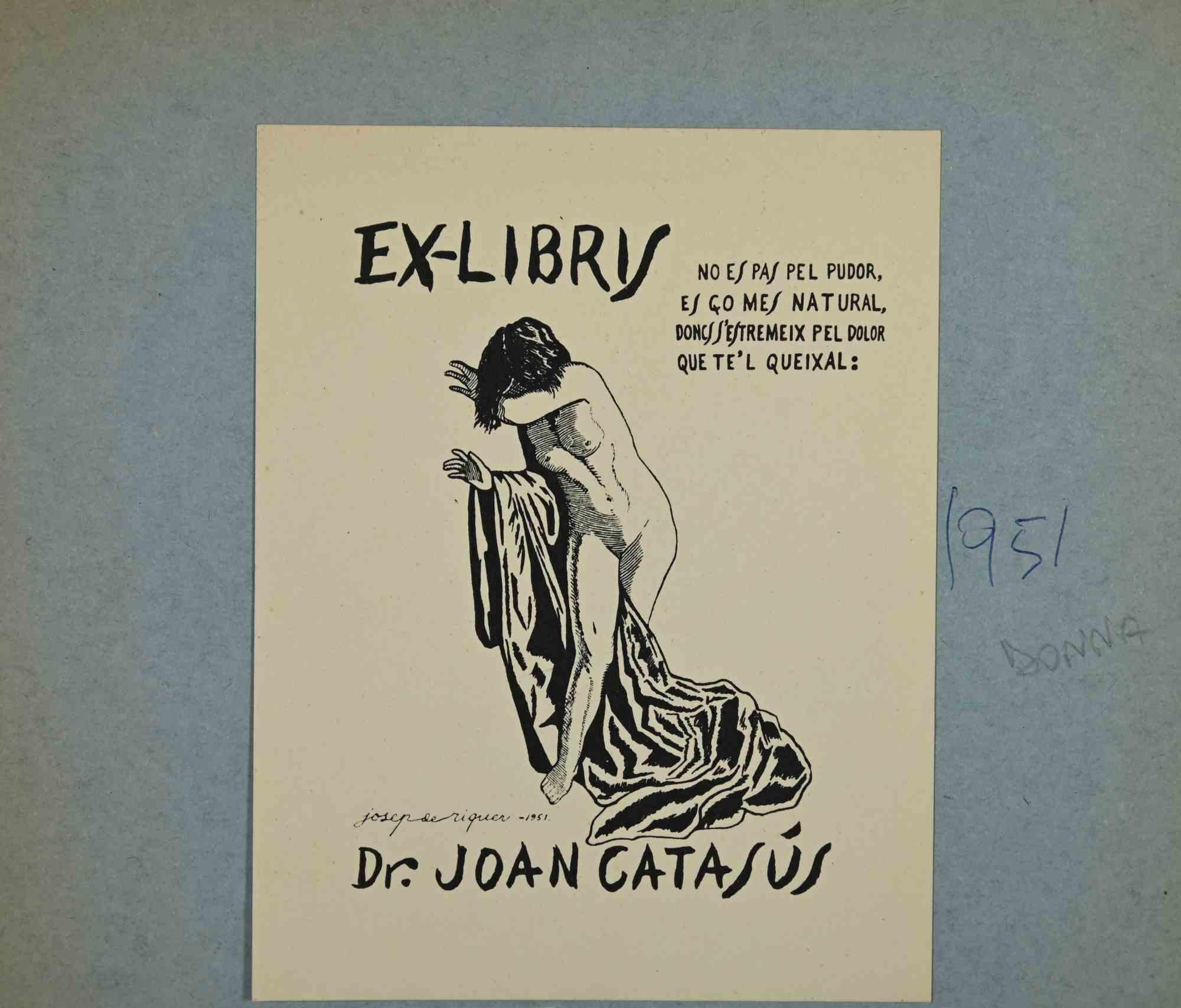 Unknown Figurative Print – Ex-Libris – Dr Joan Catasus – Holzschnitt – Mitte des 20. Jahrhunderts