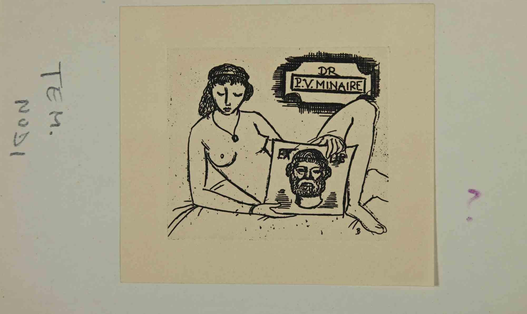 Unknown Figurative Print - Ex-Libris - Dr. P.V. Minaire - Woodcut - Mid 20th Century