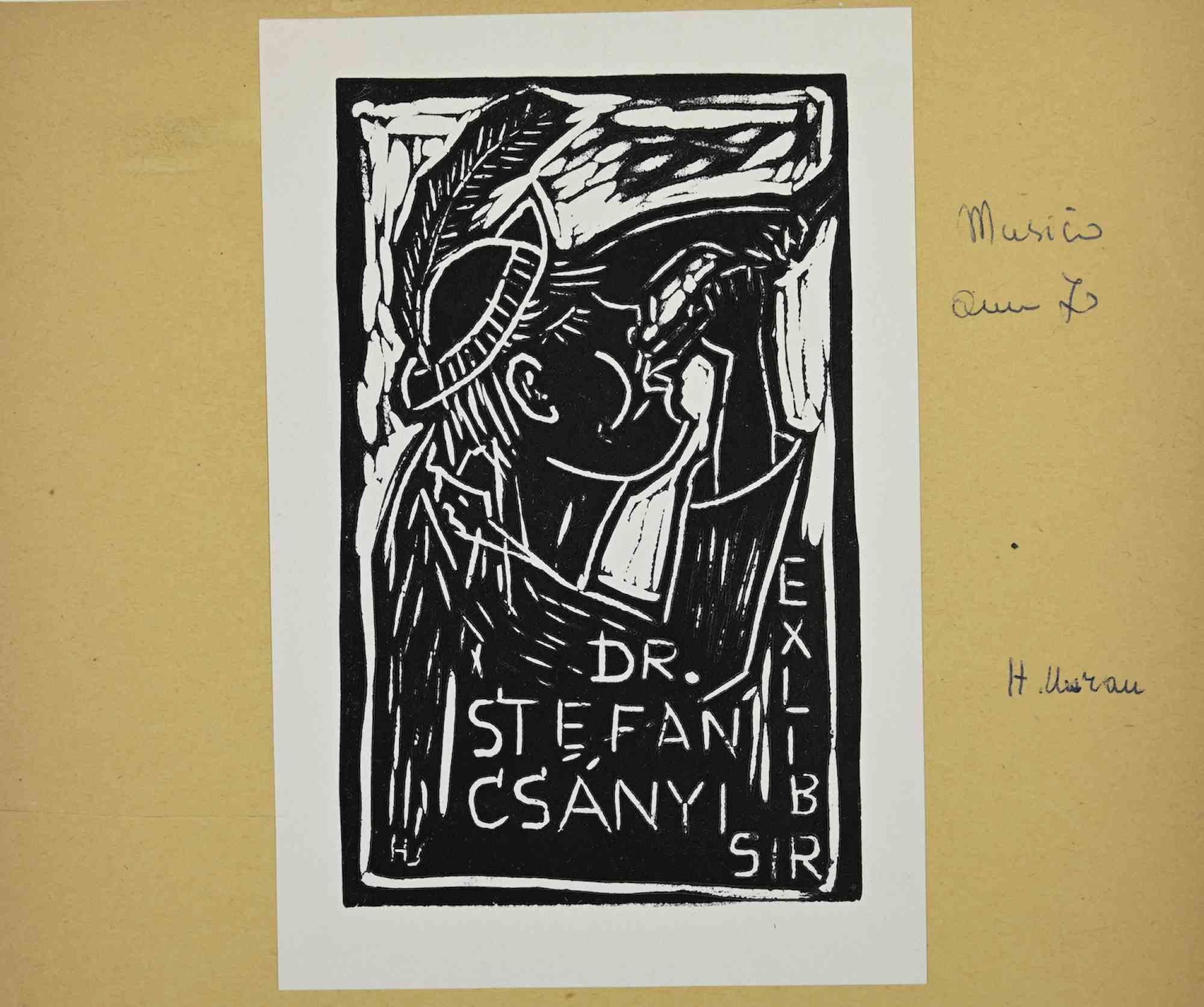 Unknown Portrait Print – Ex-Libris – Dr. Stefan Csanyi – Holzschnittdruck – Mitte des 20. Jahrhunderts