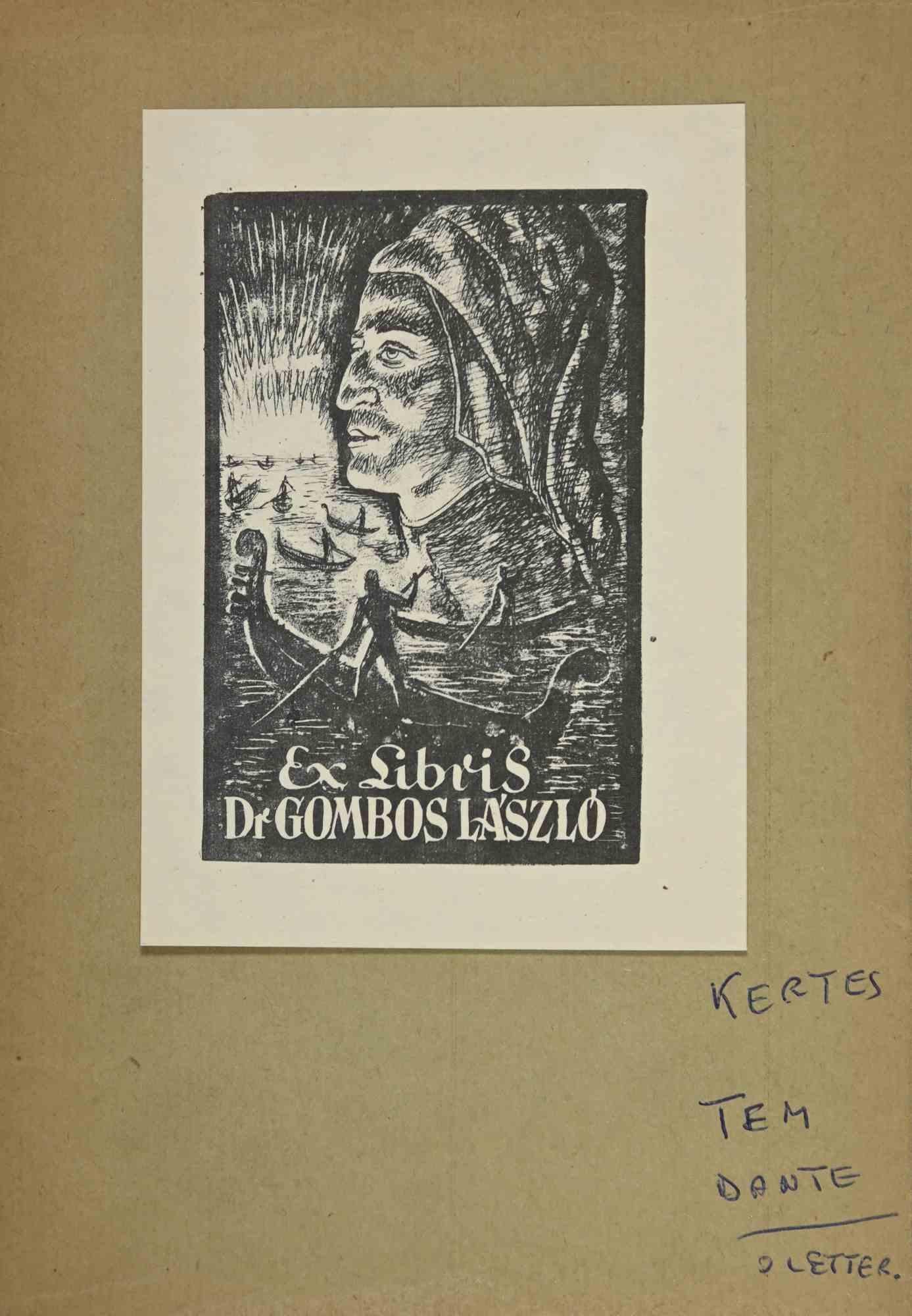 Unknown Figurative Print - Ex-Libris - Dr.Gombos Laszlo - woodcut - Mid 20th Century