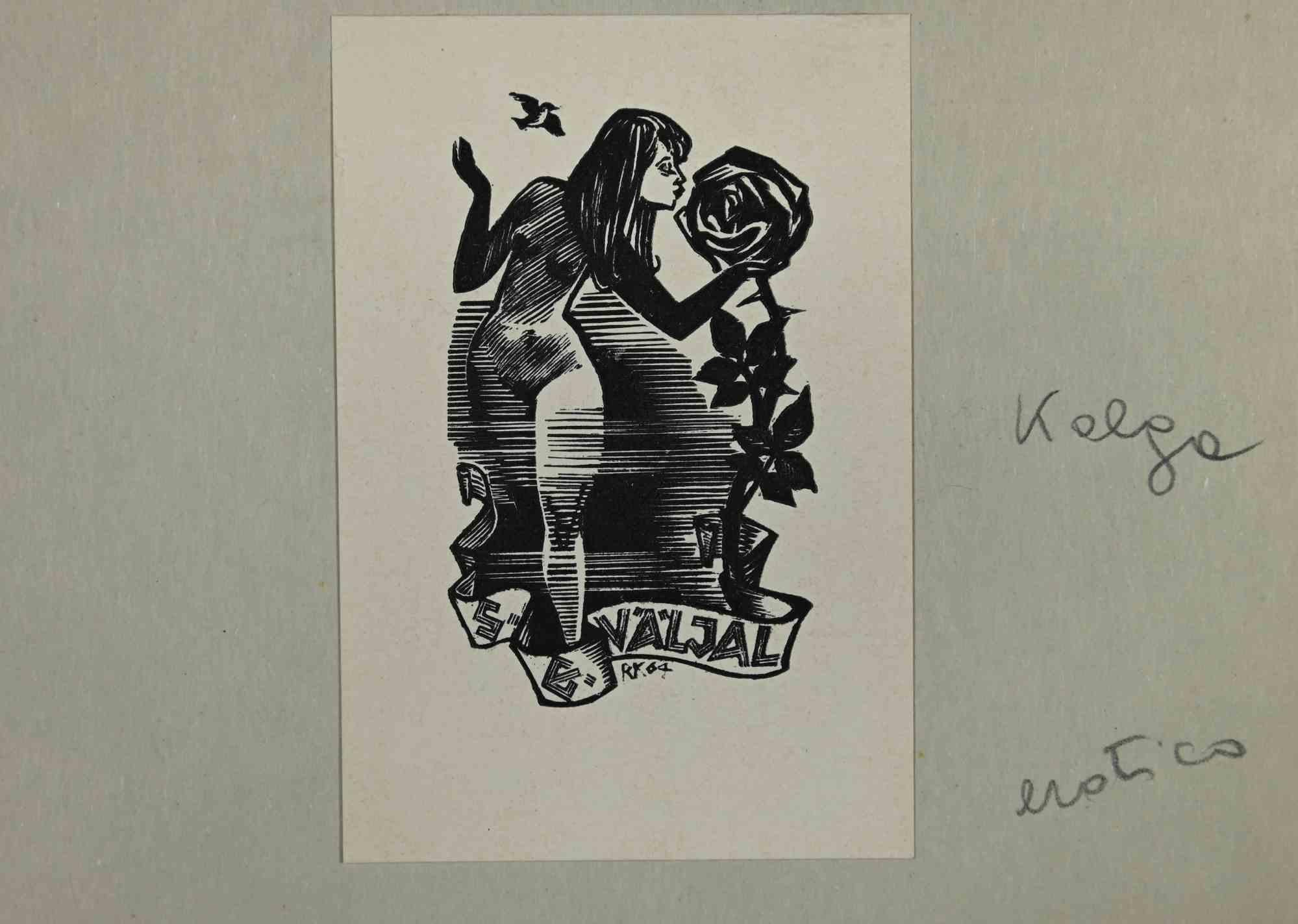 Unknown Figurative Print – Ex-Libris  - E. Valjal - Holzschnitt - Mitte des 20. Jahrhunderts