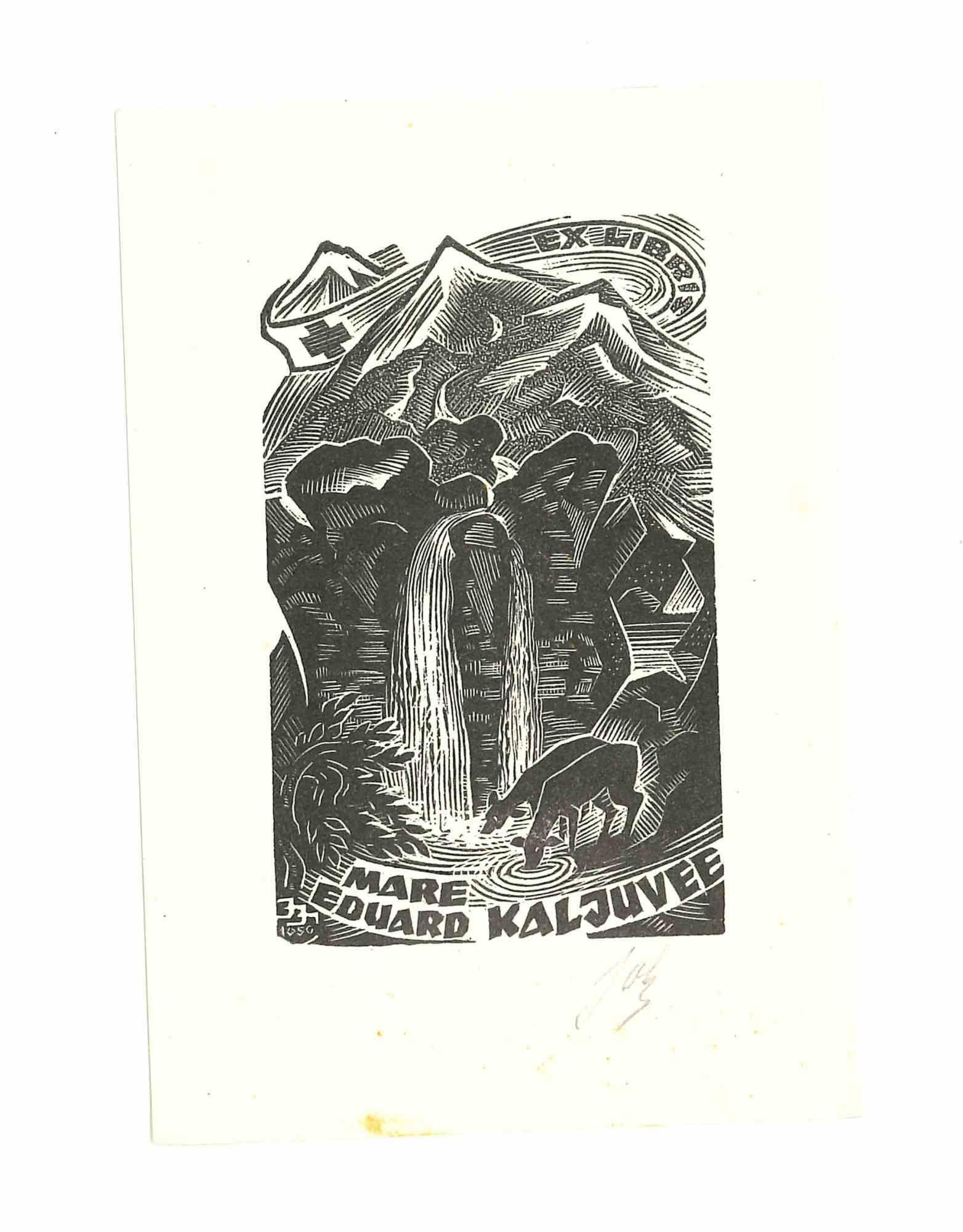Unknown Figurative Print - Ex Libris Eduard Kaljuvee - Original Woodcut - 1950s