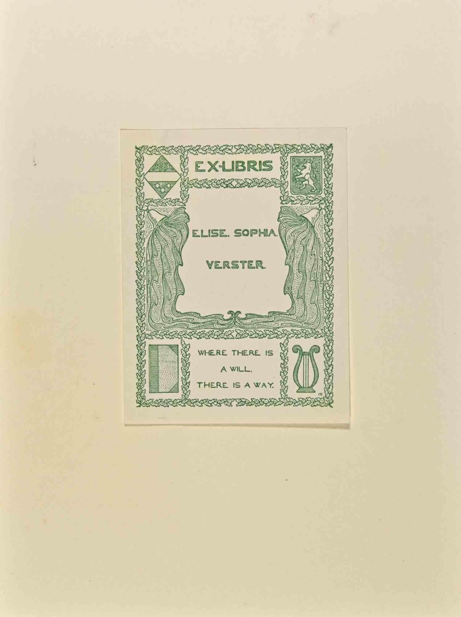 Unknown Figurative Print – Ex Libris – Elise Sophia Verster – Holzschnitt – Mitte des 20. Jahrhunderts