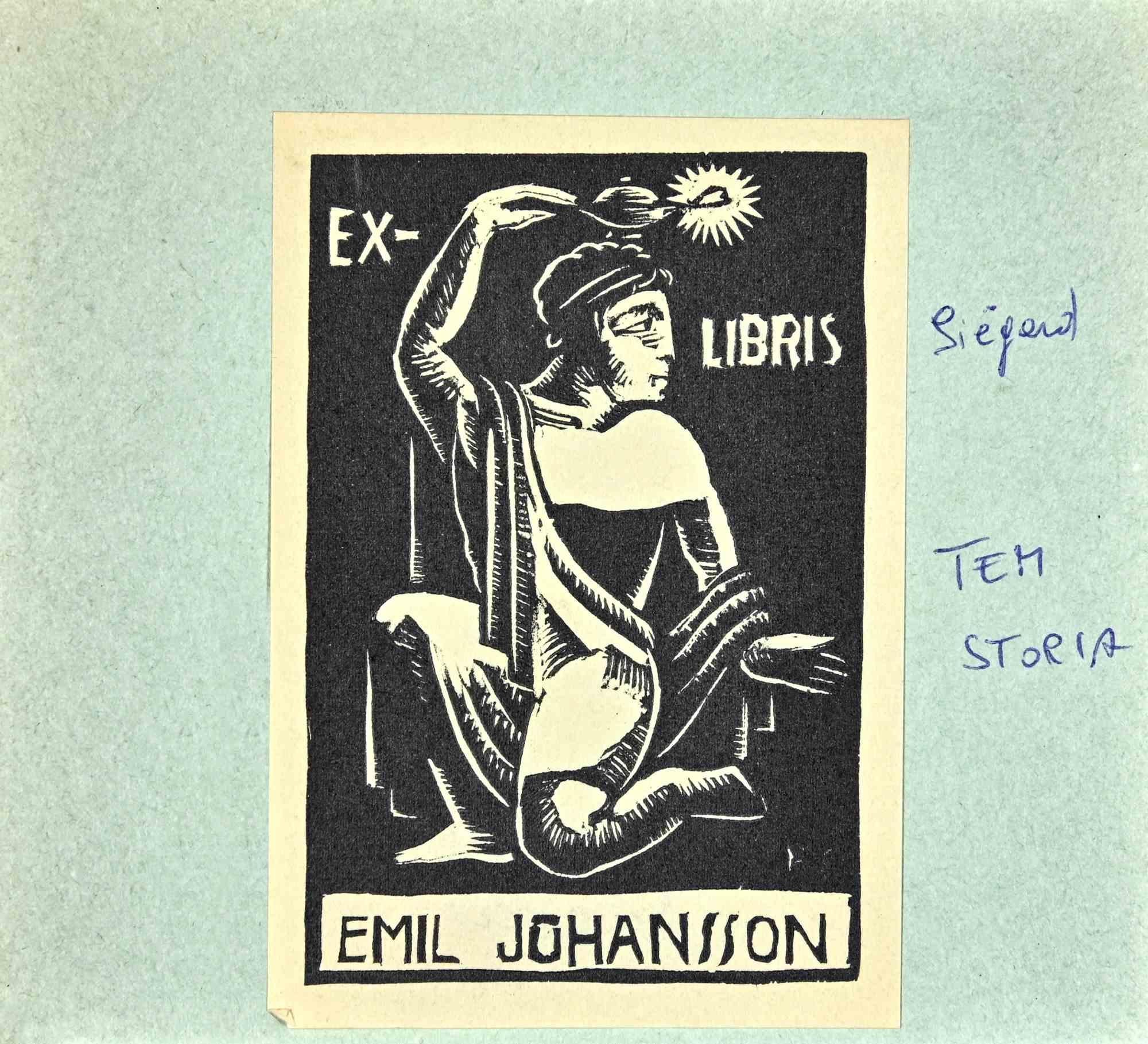 Unknown Figurative Print - Ex Libris - Emil Johansson - woodcut - Mid 20th Century