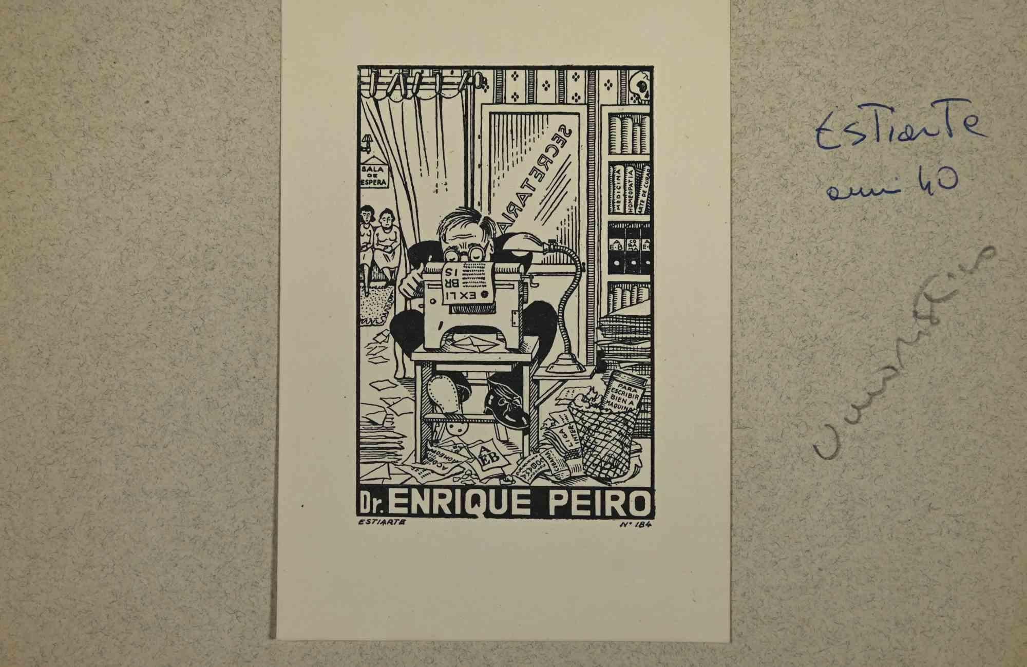 Unknown Figurative Print – Ex-Libris  Enrique Peiro – Holzschnitt – Mitte des 20. Jahrhunderts