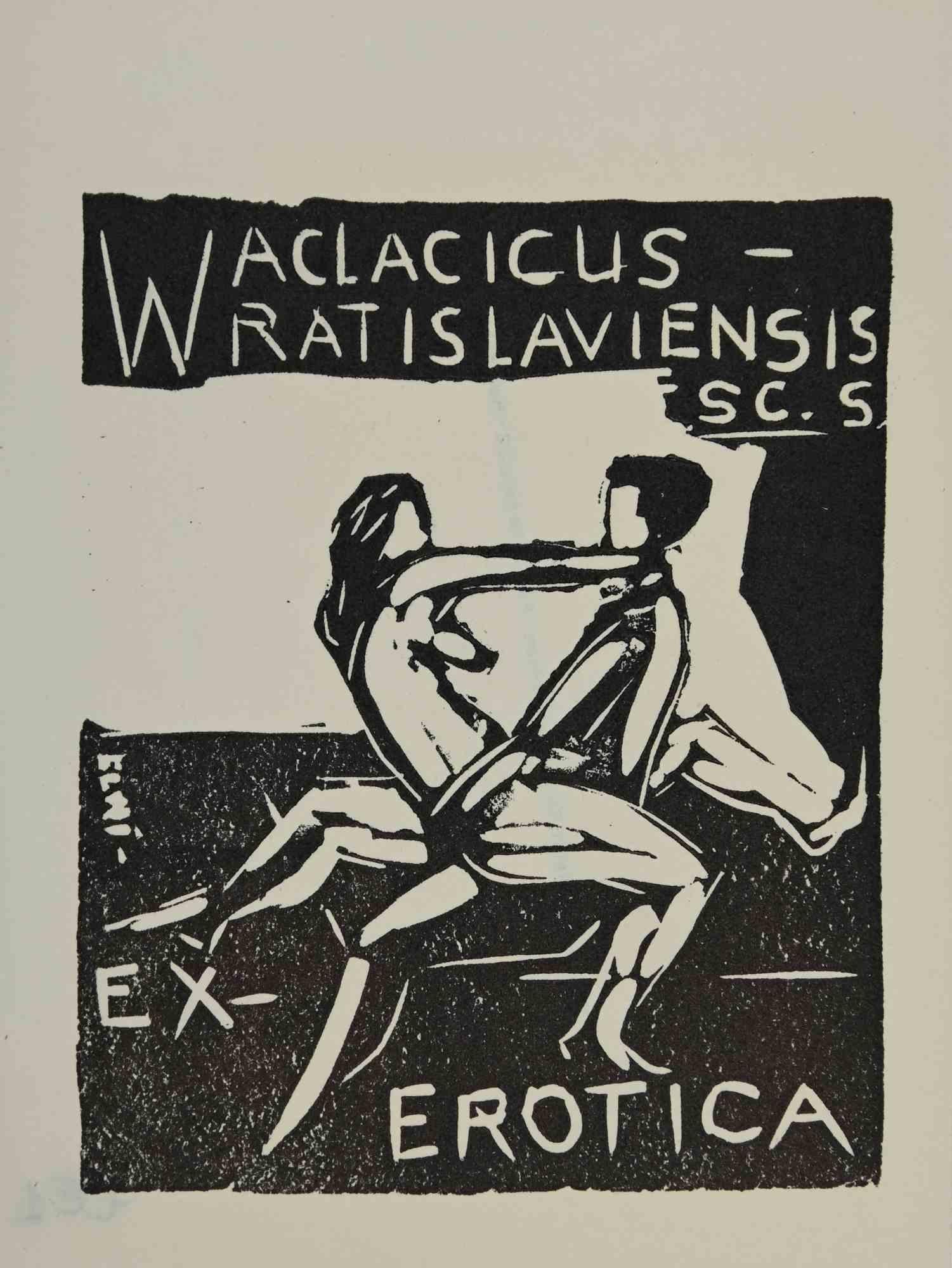 Unknown Figurative Print - Ex-Libris - Erotica - Woodcut - Mid 20th Century