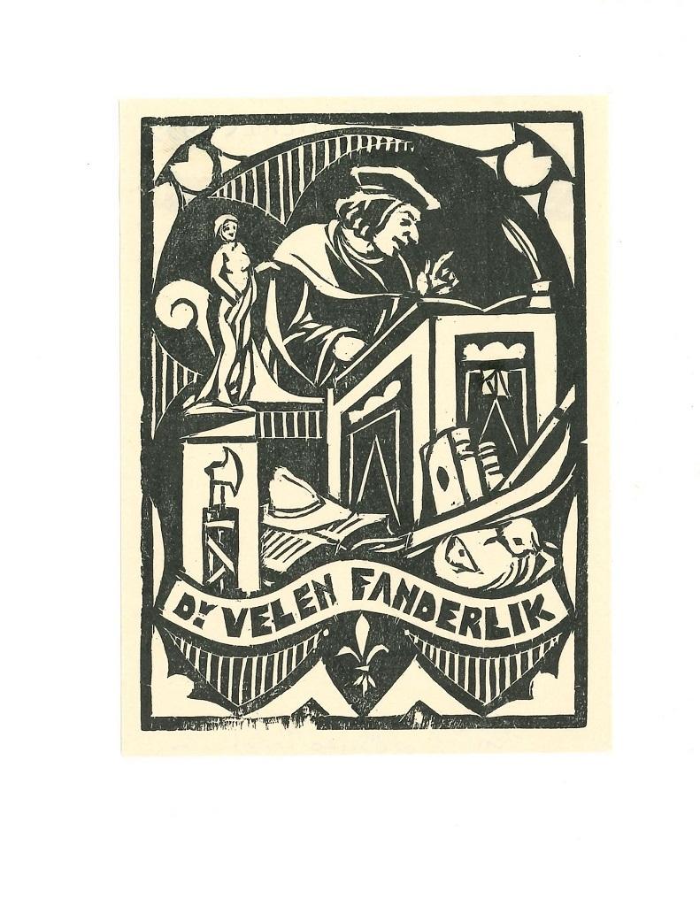 Unknown Figurative Print - Ex Libris Fanderlik - Woodcut Print - Mid-20th Century