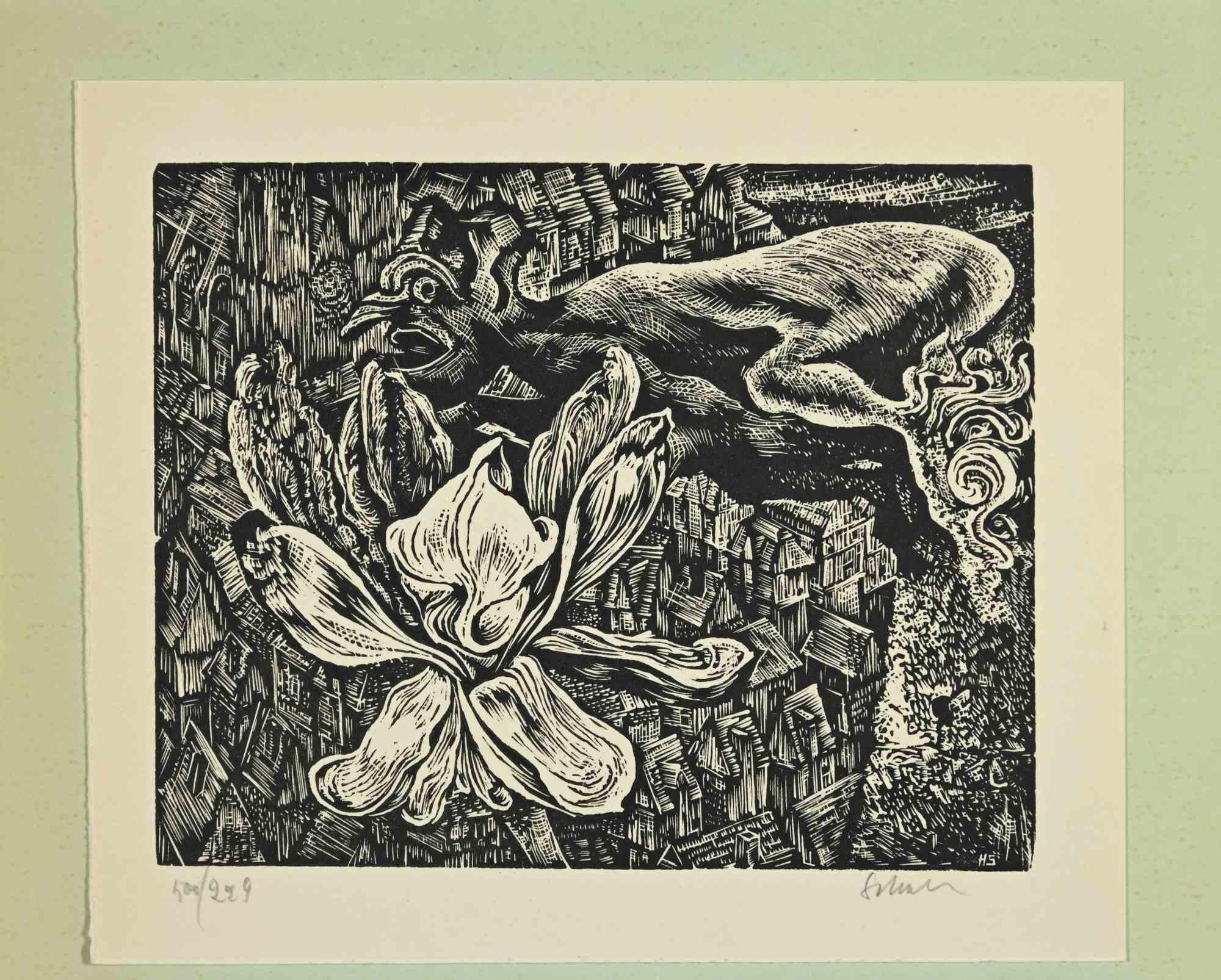 Unknown Figurative Print - Ex- Libris -  Fantastic Animals- woodcut - Mid 20th Century
