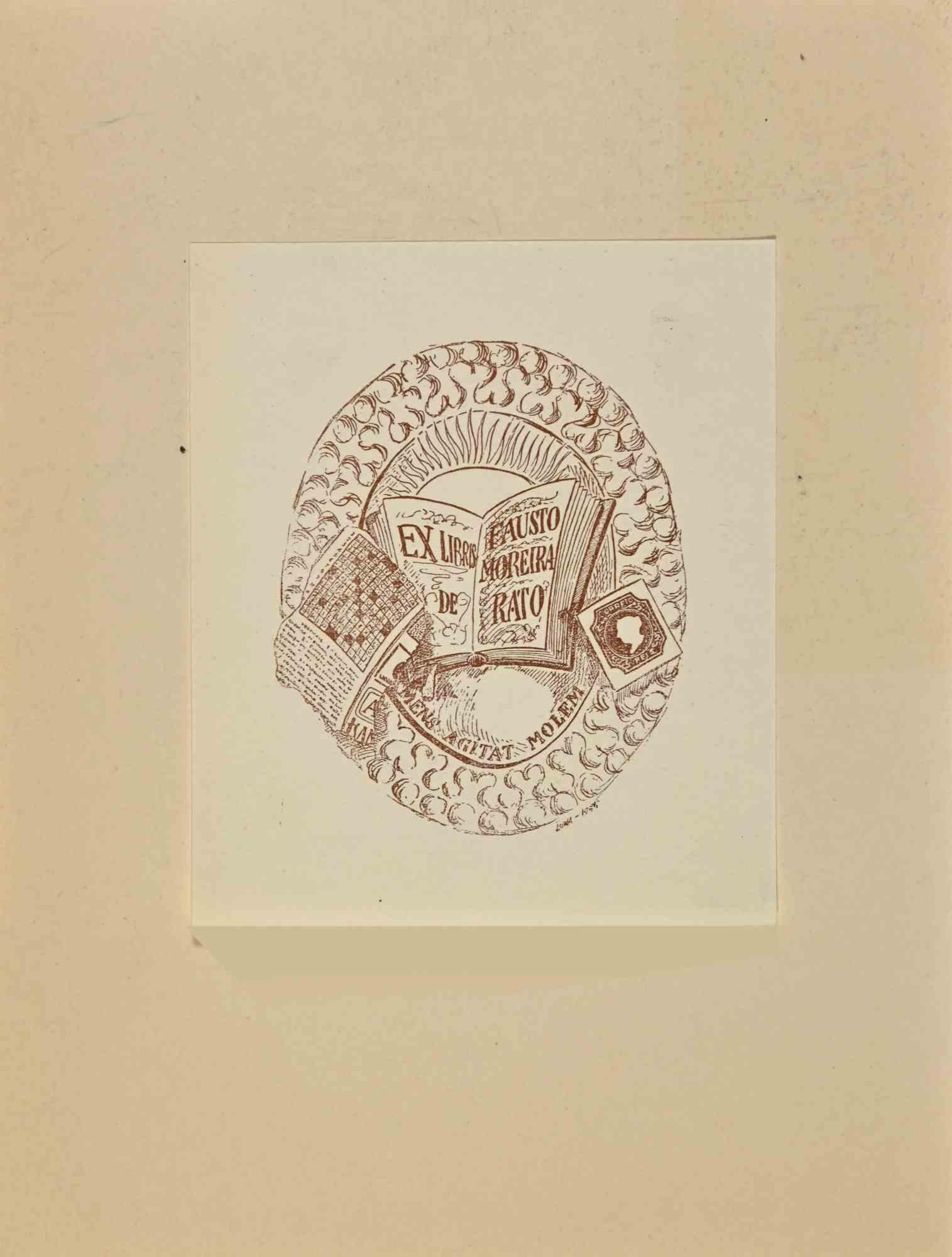 Unknown Figurative Print – Ex Libris – Fausto Moreira De Rato – Holzschnitt – Mitte des 20. Jahrhunderts