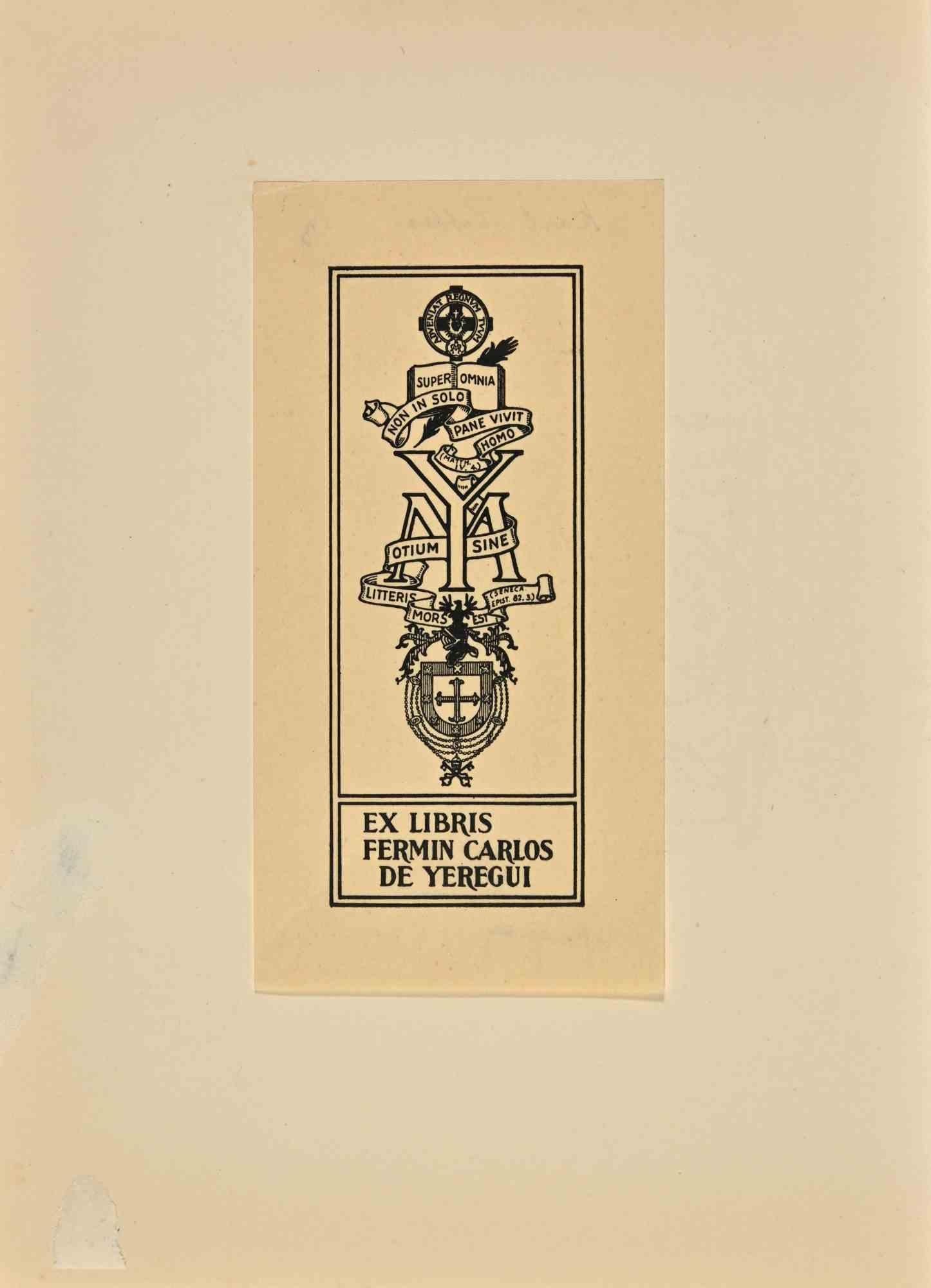 Ex Libris Fermin Carlos De Yeregui – Holzschnitt – Mitte des 20. Jahrhunderts