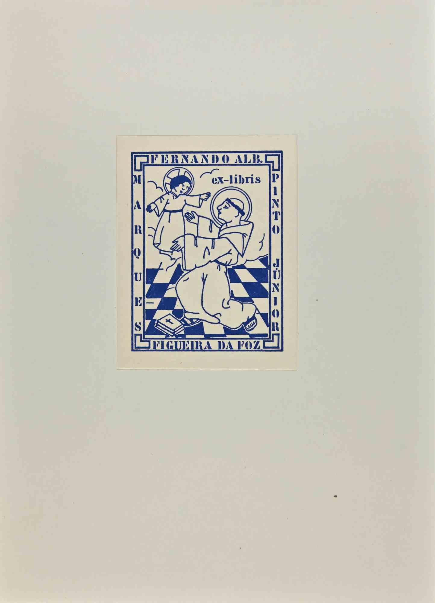 Ex Libris Fernando Alb. Junior Marques Figueira Da Foz-Holzschnitt-Mid 20. Jahrhundert