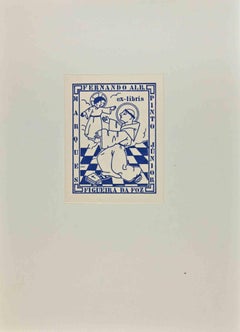 Vintage Ex Libris Fernando Alb. Junior Marques Figueira Da Foz-Woodcut-Mid 20th Century