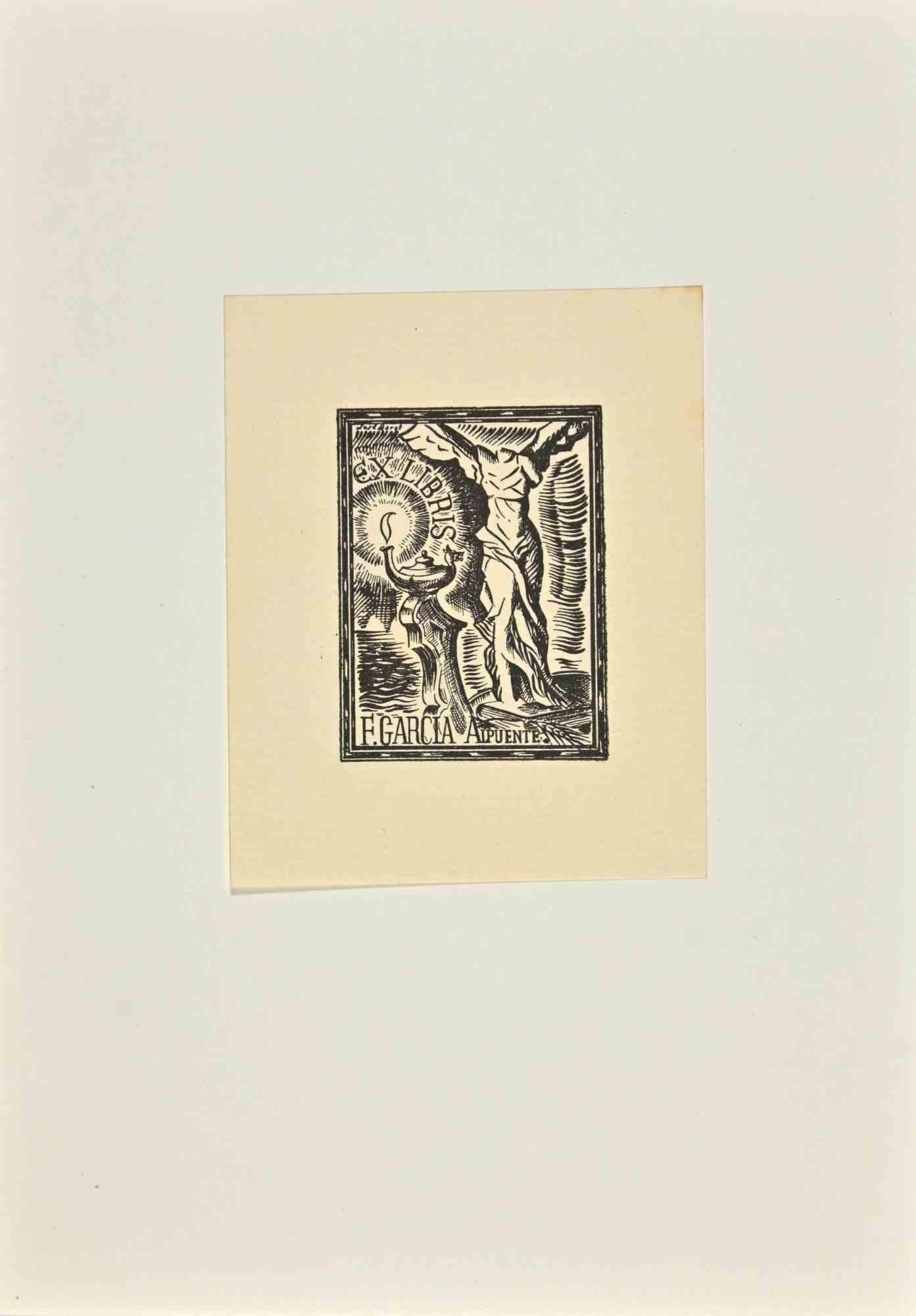 Unknown Figurative Print - Ex Libris - F.Garcia Aipuente - Woodcut - Mid 20th Century