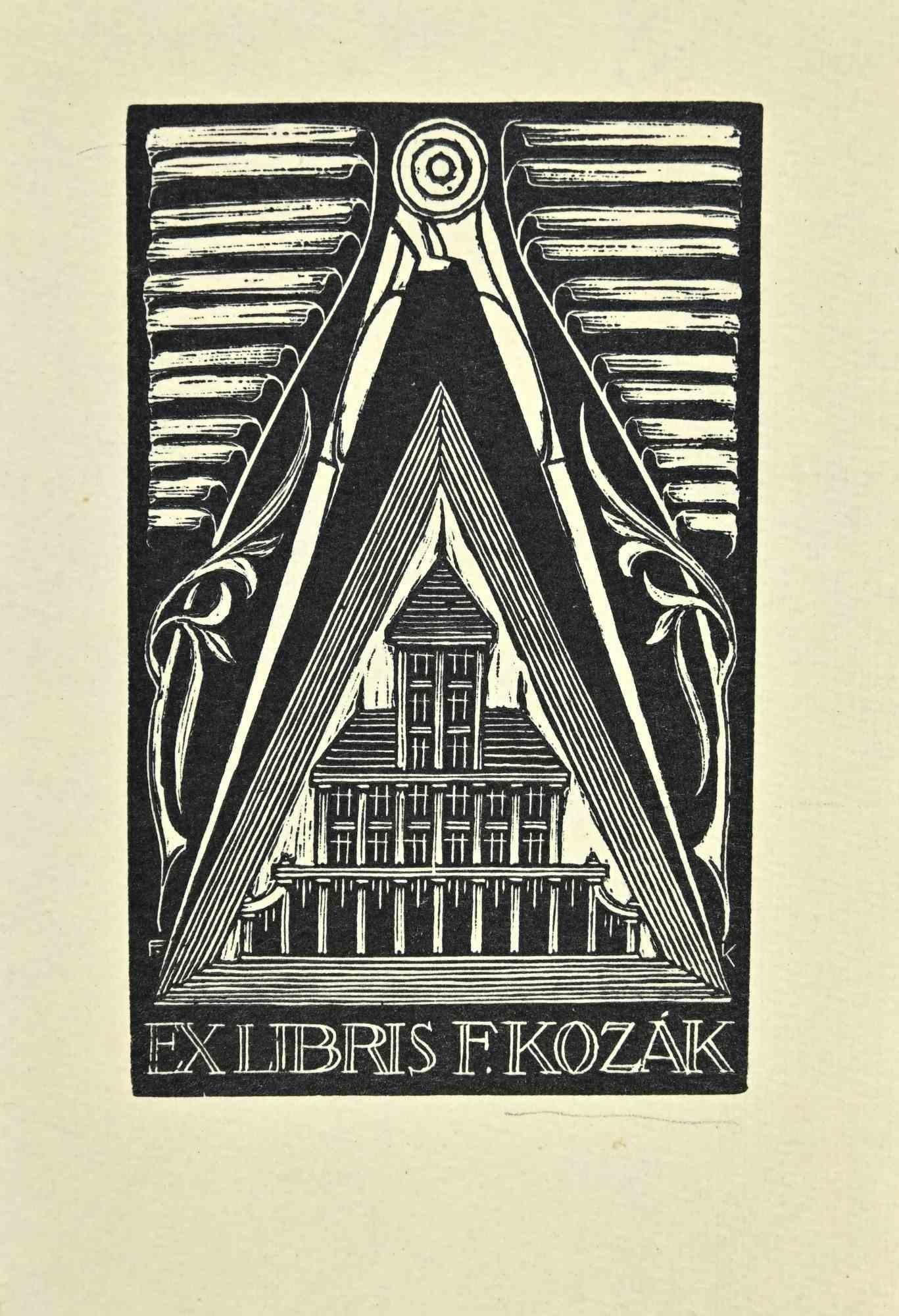Unknown Figurative Print – Ex Libris - F.Kozak - Holzschnitt - Mitte des 20. Jahrhunderts