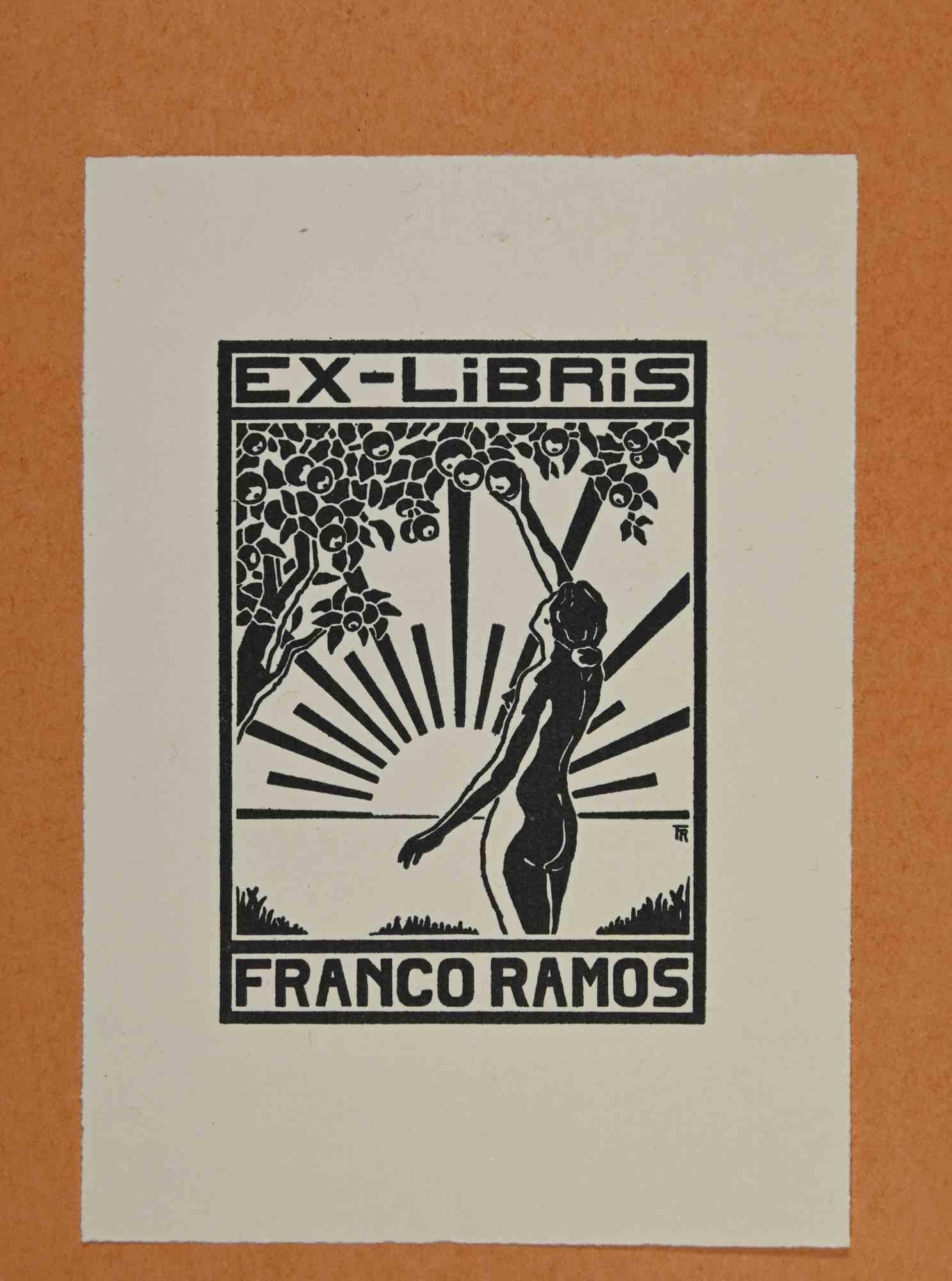 Unknown Figurative Print – Ex-Libris – Franco Ramos – Holzschnitt – Mitte des 20. Jahrhunderts