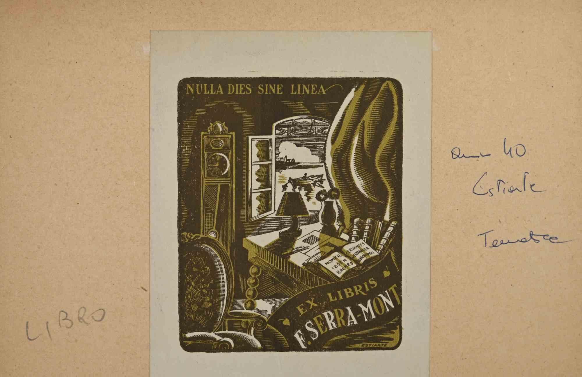 Unknown Figurative Print - Ex-Libris - F.Serra-Mont - woodcut - Mid 20th Century