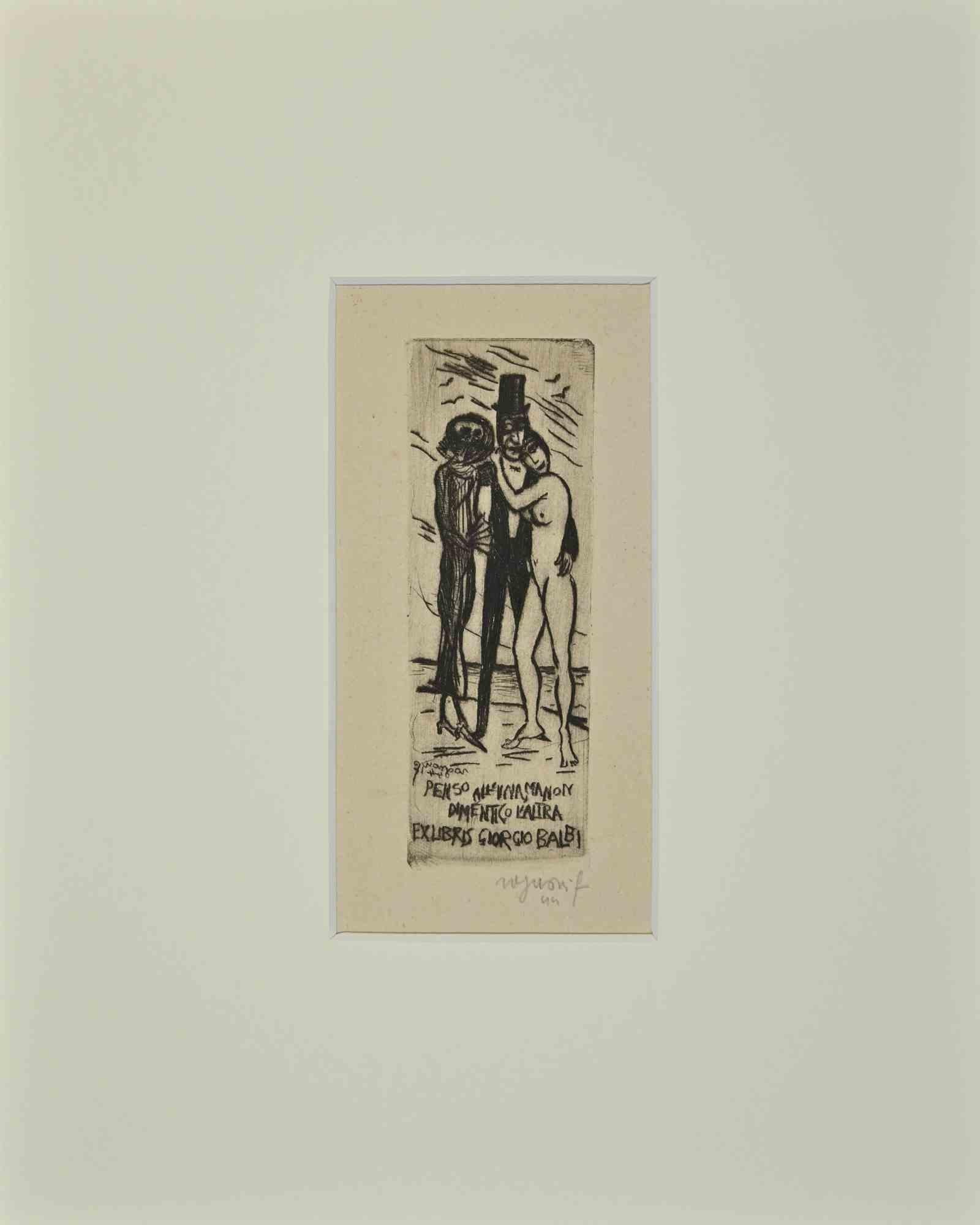 Unknown Figurative Print - Ex Libris  - Giorgio Balbi - Etching - Mid-20th Century