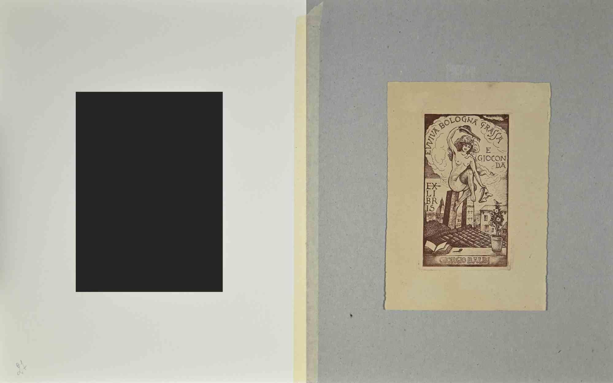 Ex Libris  - Giorgio Balbi  - Evviva Bologna - Etching - Mid-20th Century - Print by Unknown