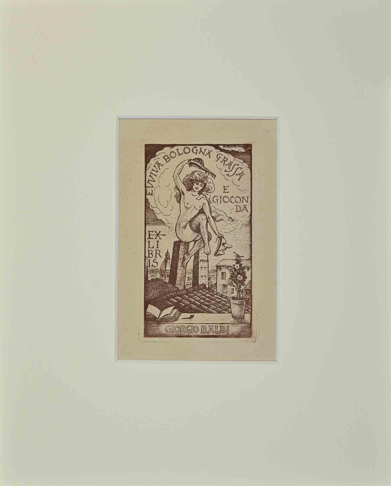 Unknown Figurative Print - Ex Libris  - Giorgio Balbi  - Evviva Bologna - Etching - Mid-20th Century
