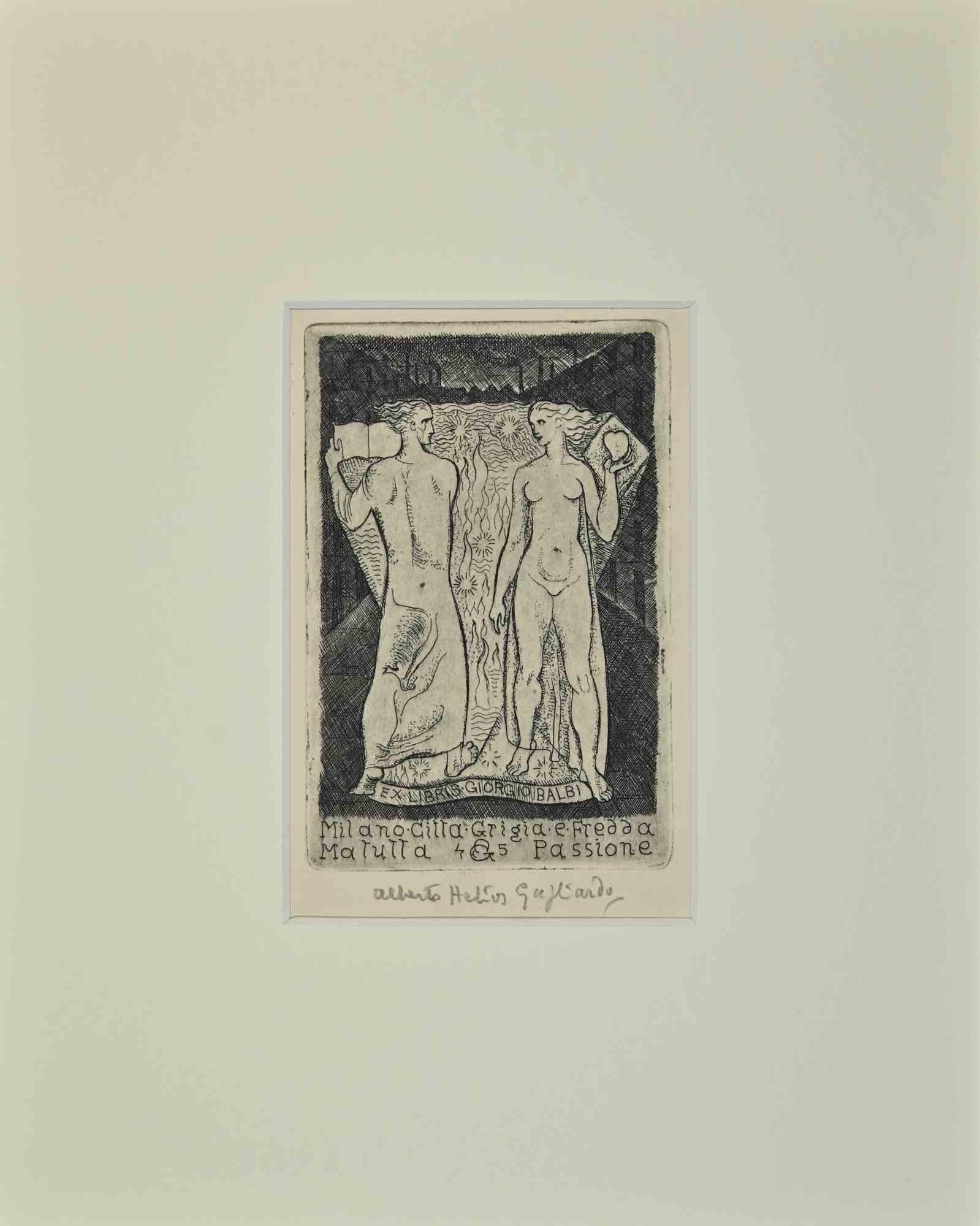 Unknown Figurative Print - Ex Libris  - Giorgio Balbi - Passione - Etching - Mid-20th Century