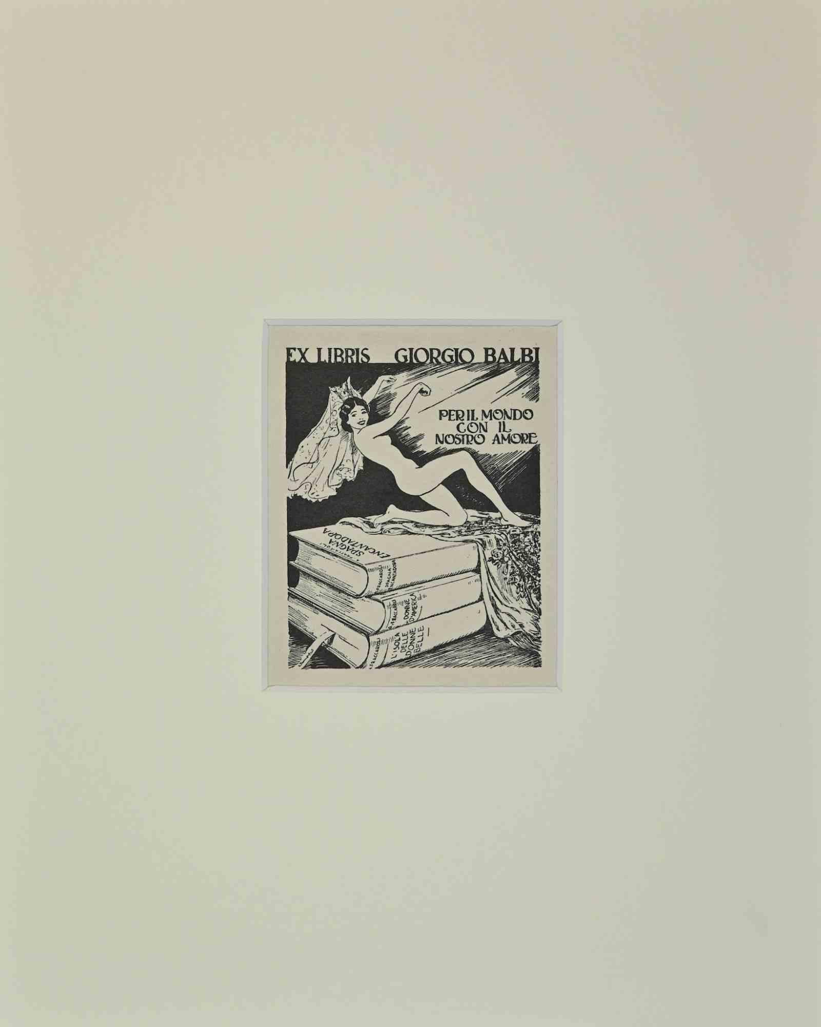 Figurative Print Unknown - Ex Libris  - Giorgio Balbi  - Per il Mondo - Gravure sur bois - Milieu du XXe siècle