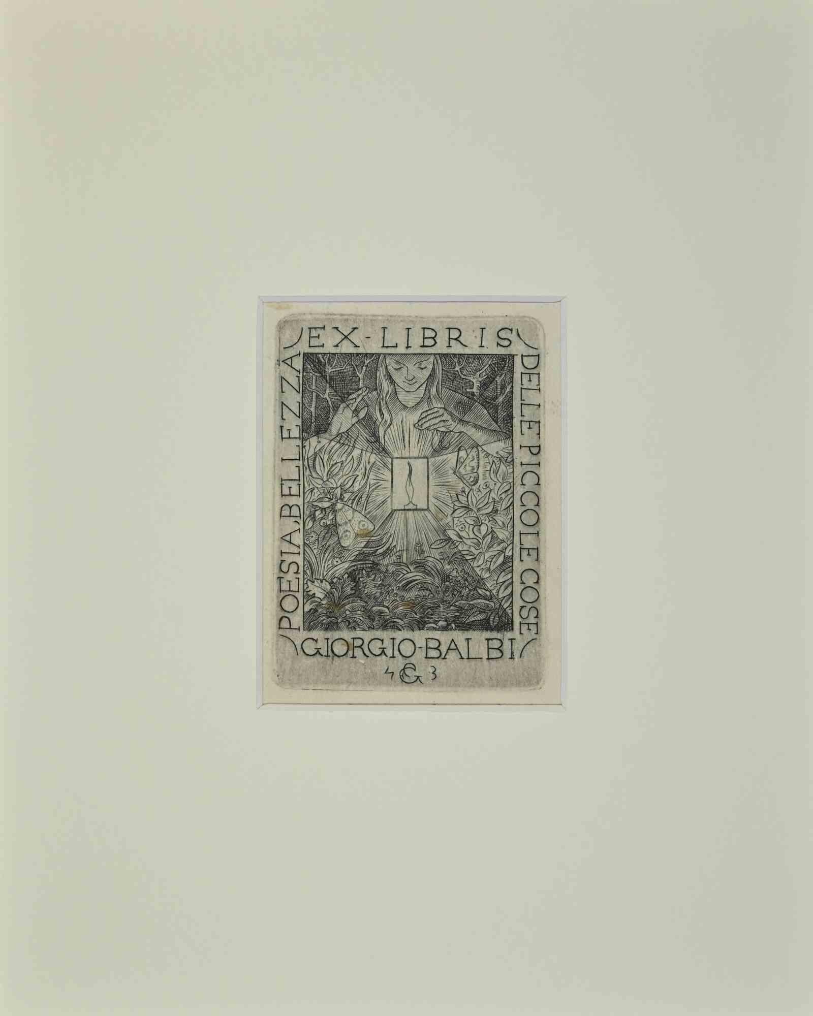 Unknown Figurative Print – Ex Libris - Giorgio Balbi - Poesia Bellezza - Radierung - Mitte des 20. Jahrhunderts