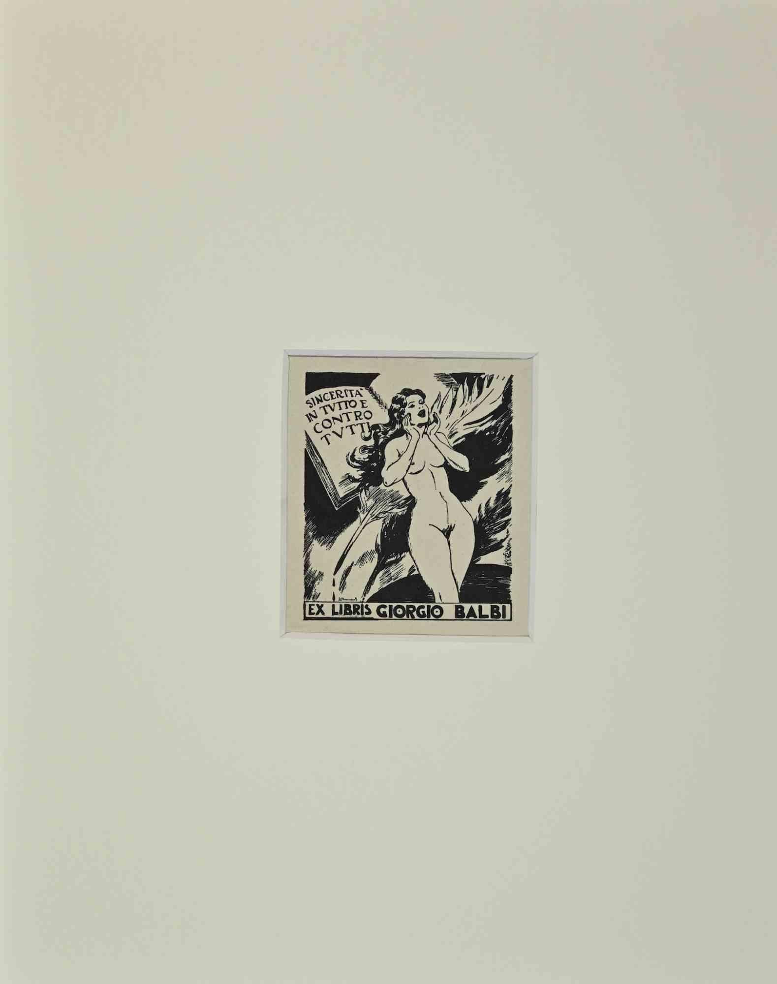 Unknown Figurative Print - Ex Libris  - Giorgio Balbi  - Sincerità - Woodcut - Mid-20th Century