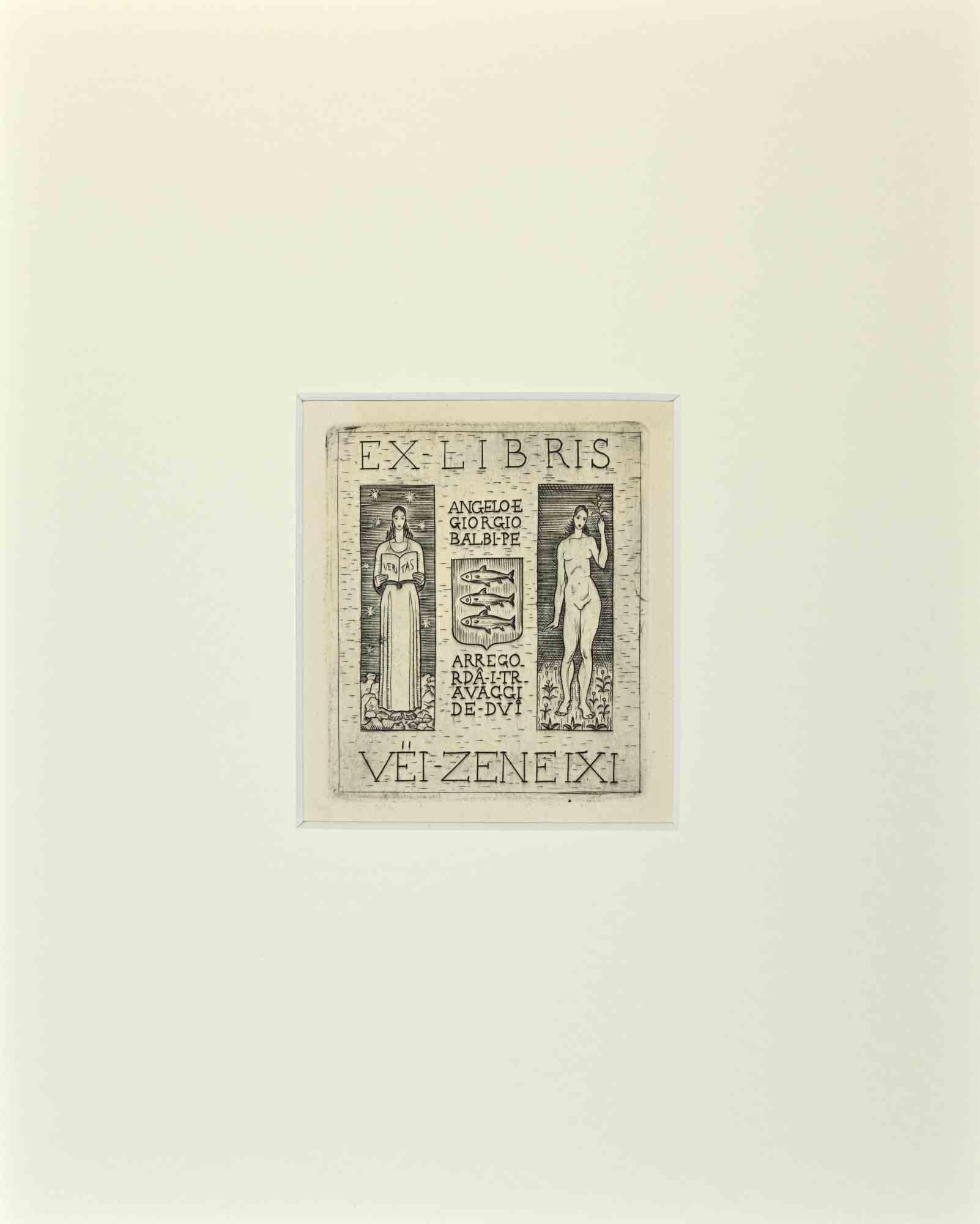 Unknown Figurative Print – Ex Libris  -  Giorgio Balbi   - Vei-Zenei IXI - Radierung - Mitte des 20. Jahrhunderts