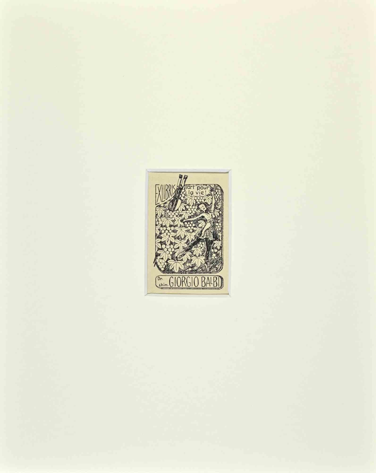 Unknown Figurative Print – Ex Libris  Giorgio Balbi – Holzschnitt – Mitte des 20. Jahrhunderts