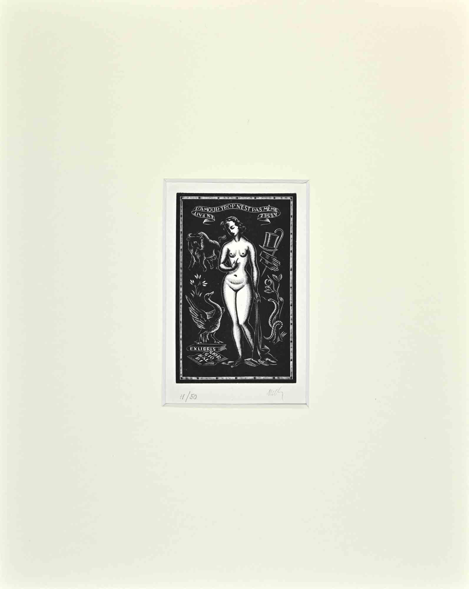 Unknown Figurative Print – Ex Libris  Giorgio Balbi – Holzschnitt – Mitte des 20. Jahrhunderts