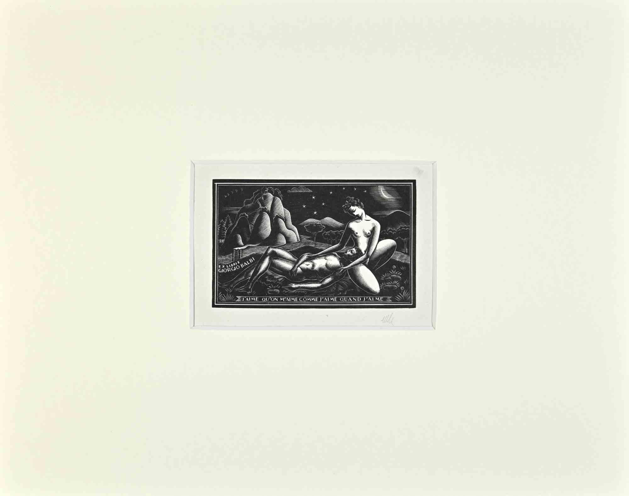 Figurative Print Unknown - Ex Libris  - Giorgio Balbi - Gravure sur bois - Milieu du XXe siècle