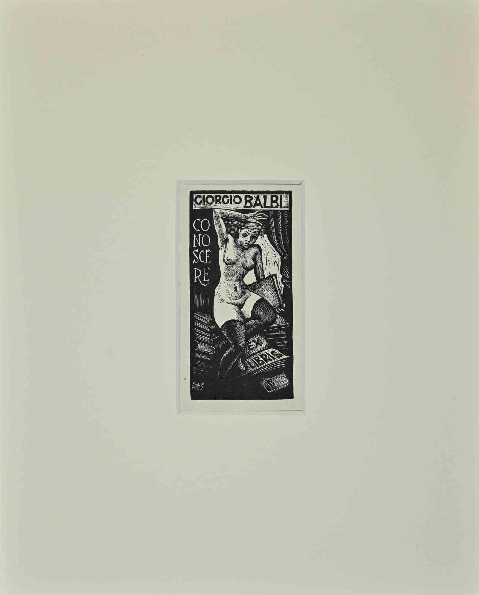 Figurative Print Unknown - Ex Libris  - Giorgio Balbi - Gravure sur bois - Milieu du XXe siècle