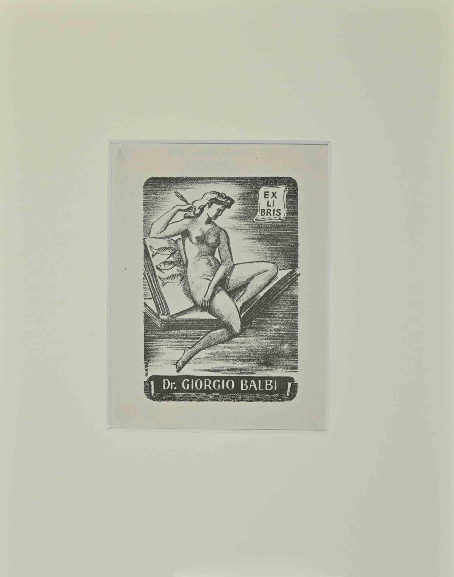 Unknown Figurative Print – Ex Libris  Giorgio Balbi – Holzschnitt – Mitte des 20. Jahrhunderts