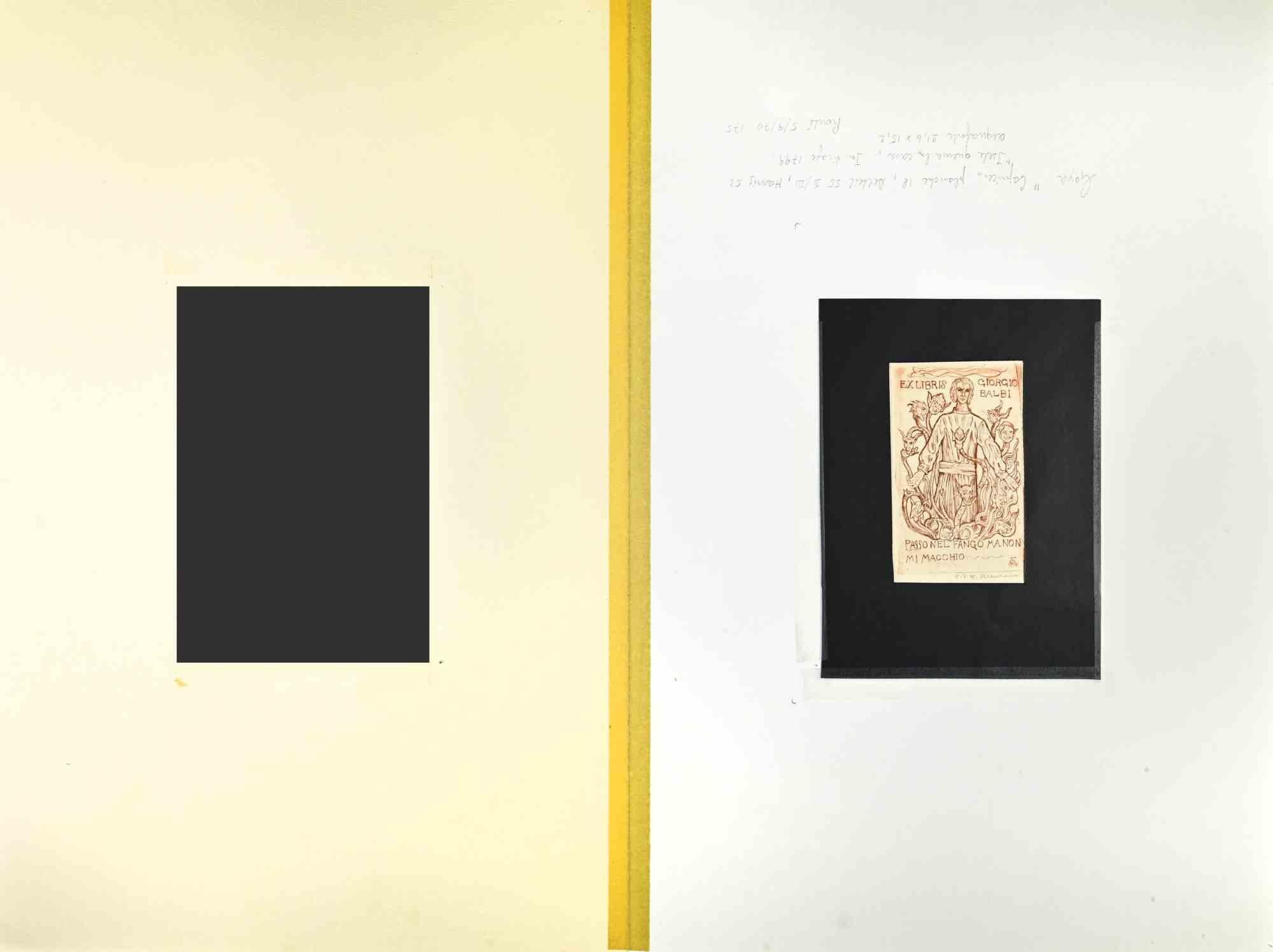 Ex-Libris Giorgio Balbi - Woodcut Print - Mid-20th Century - Yellow Figurative Print by Unknown