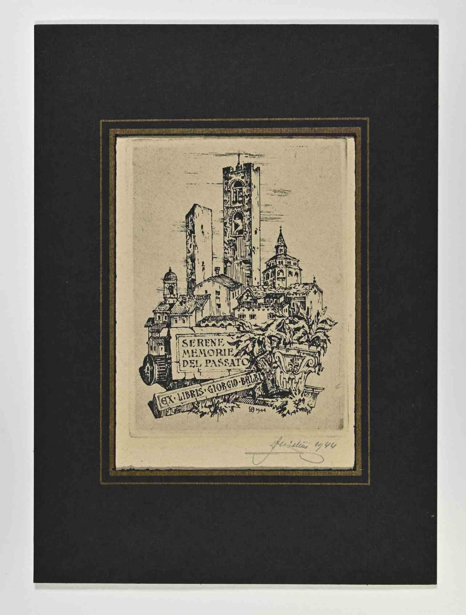 Unknown Figurative Print – Ex-Libris Giorgio Balbi – Holzschnitt-Druck – Mitte des 20. Jahrhunderts