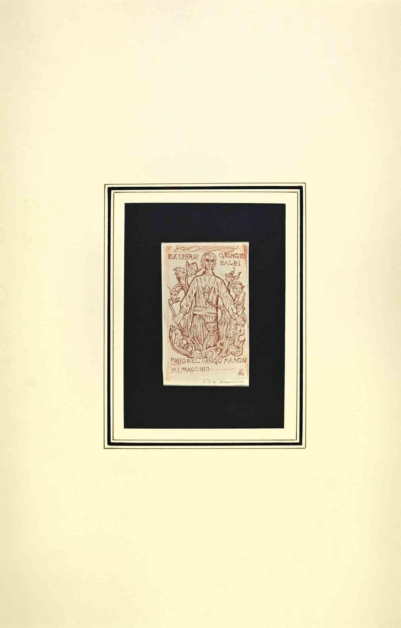 Unknown Figurative Print - Ex-Libris Giorgio Balbi - Woodcut Print - Mid-20th Century