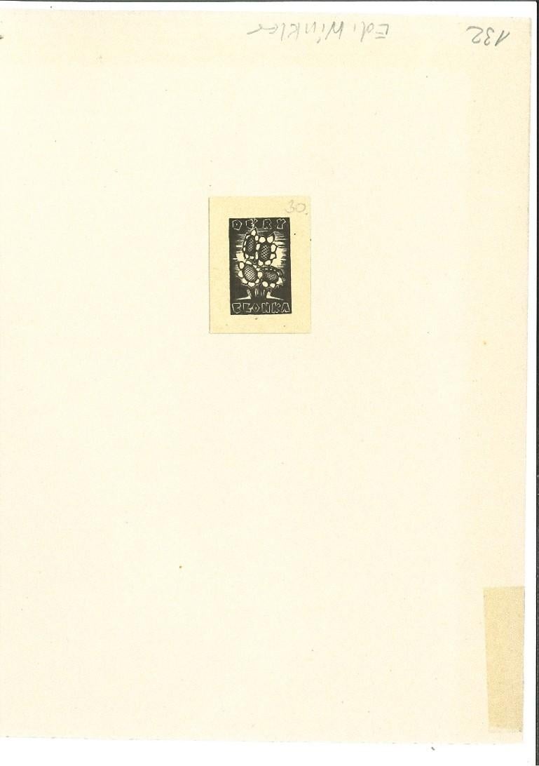 Figurative Print Unknown - Ex Libris Glonka - Impression sur bois originale - Milieu du XXe siècle