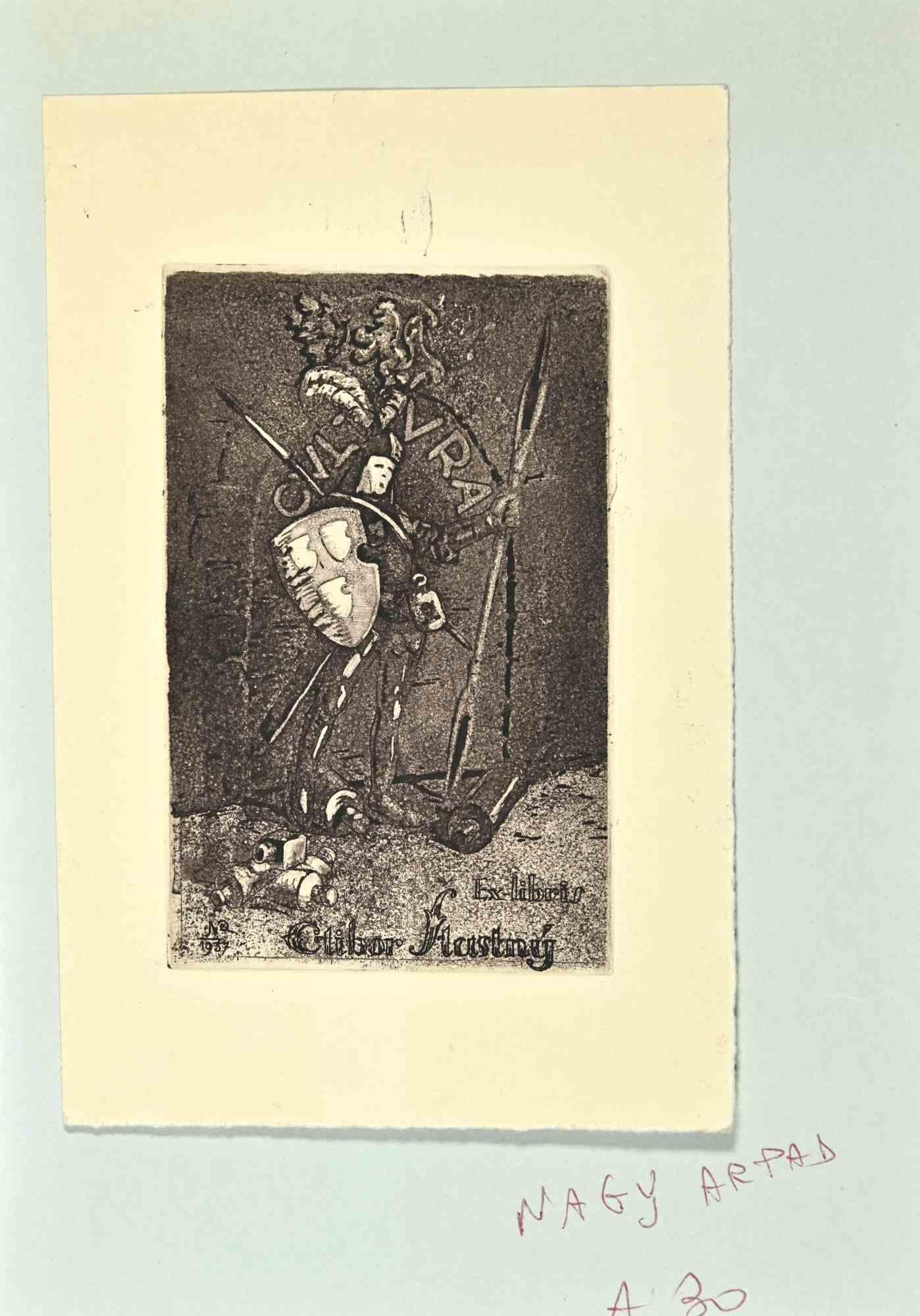 Unknown Figurative Print - Ex Libris - Gubor Austny - woodcut - Mid 20th Century