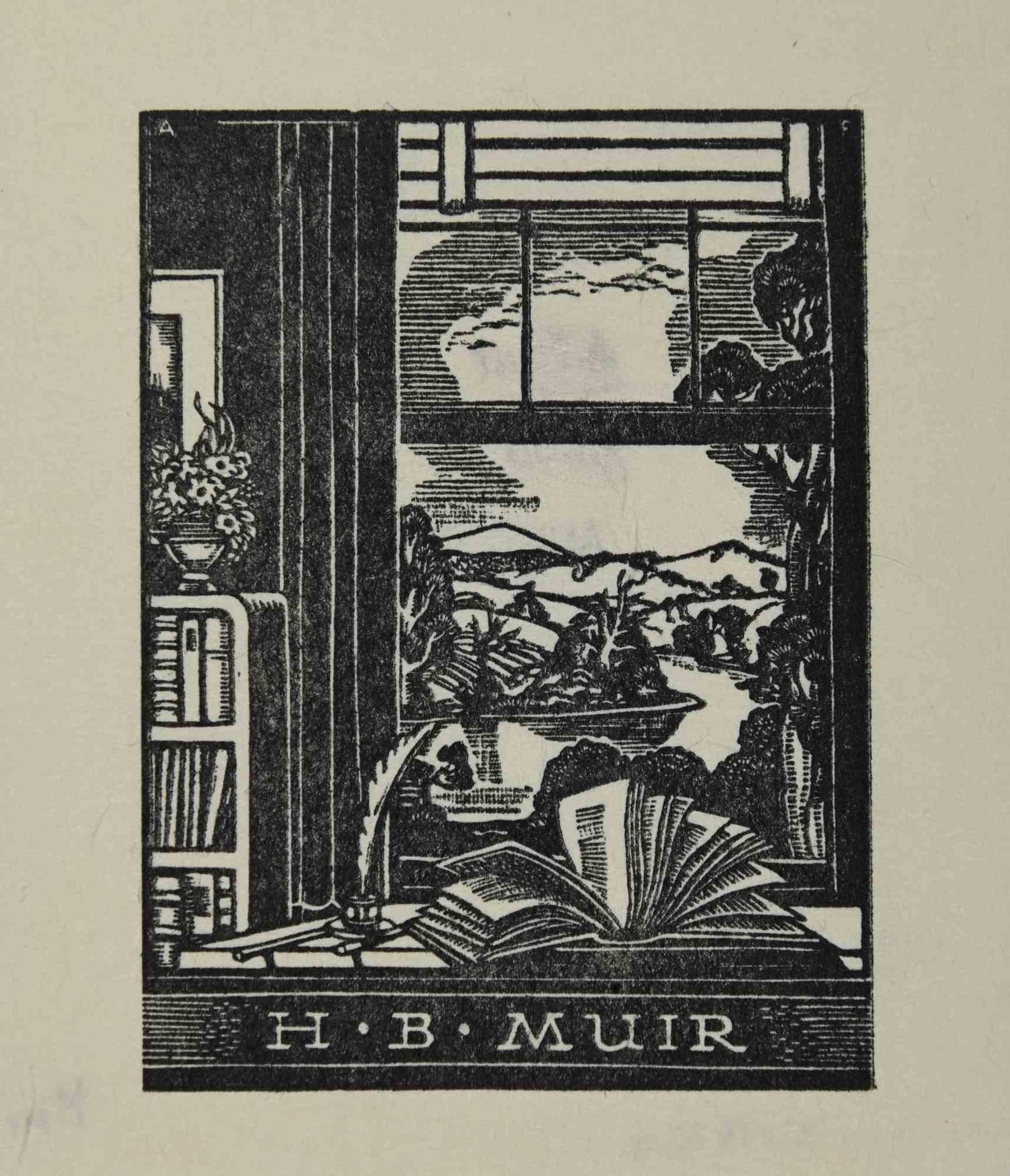 Unknown Figurative Print - Ex-Libris - H. B. Muir - woodcut - Mid 20th Century