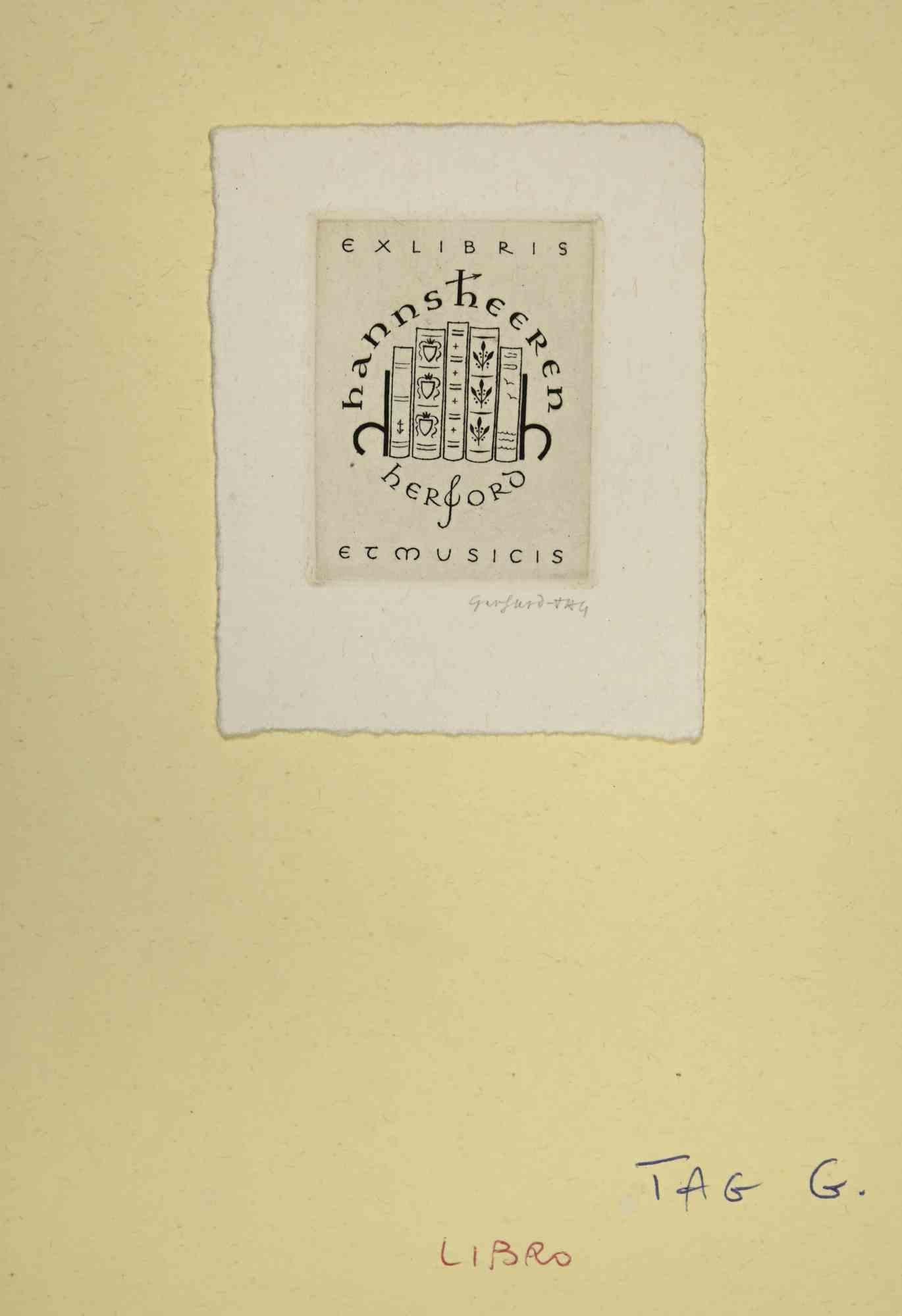Unknown Figurative Print – Ex-Libris – Hannsheeren – Holzschnittdruck – Mitte des 20. Jahrhunderts
