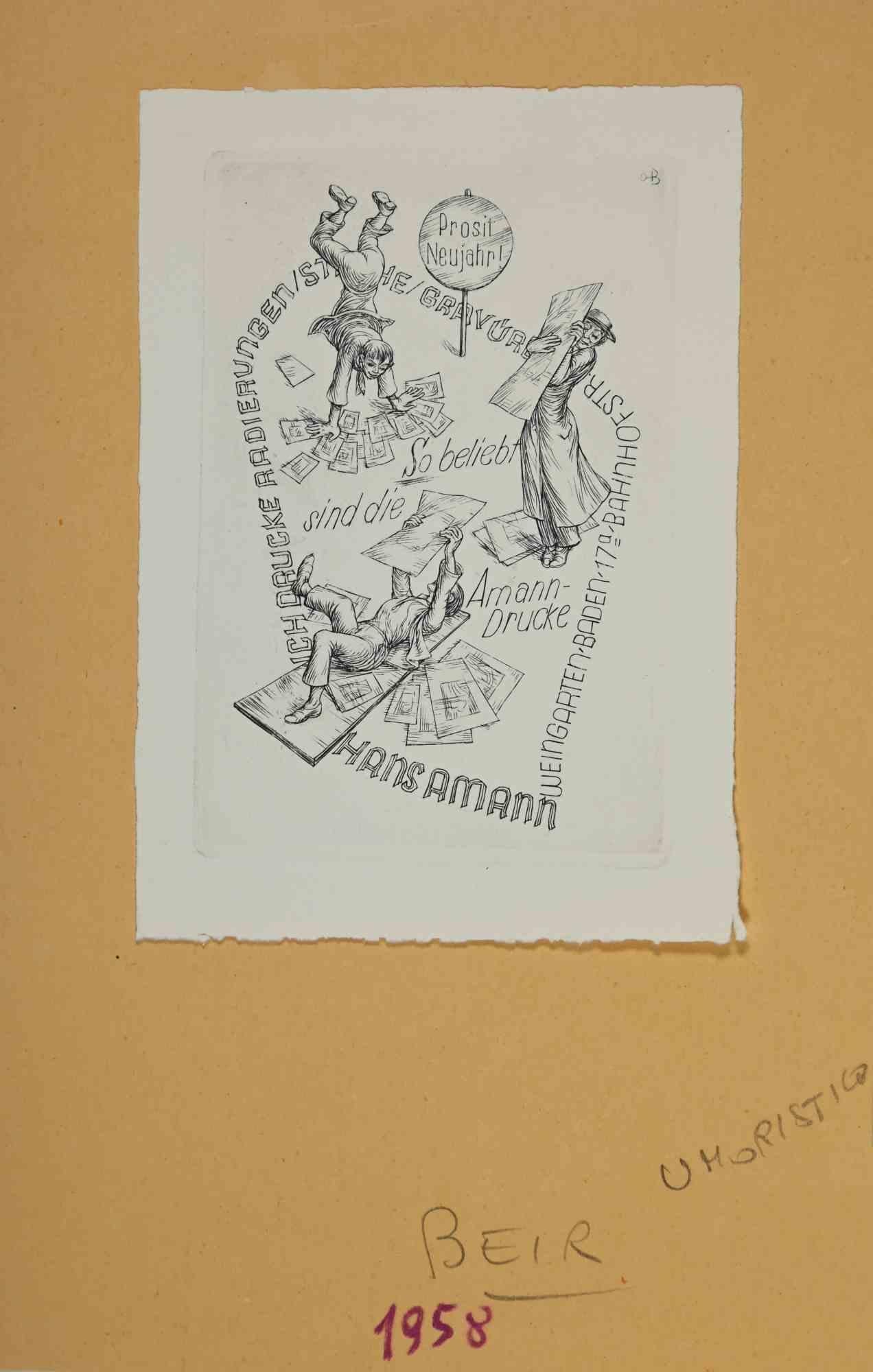 Unknown Figurative Print – Ex-Libris – Hansamann – Holzschnitt – Mitte des 20. Jahrhunderts