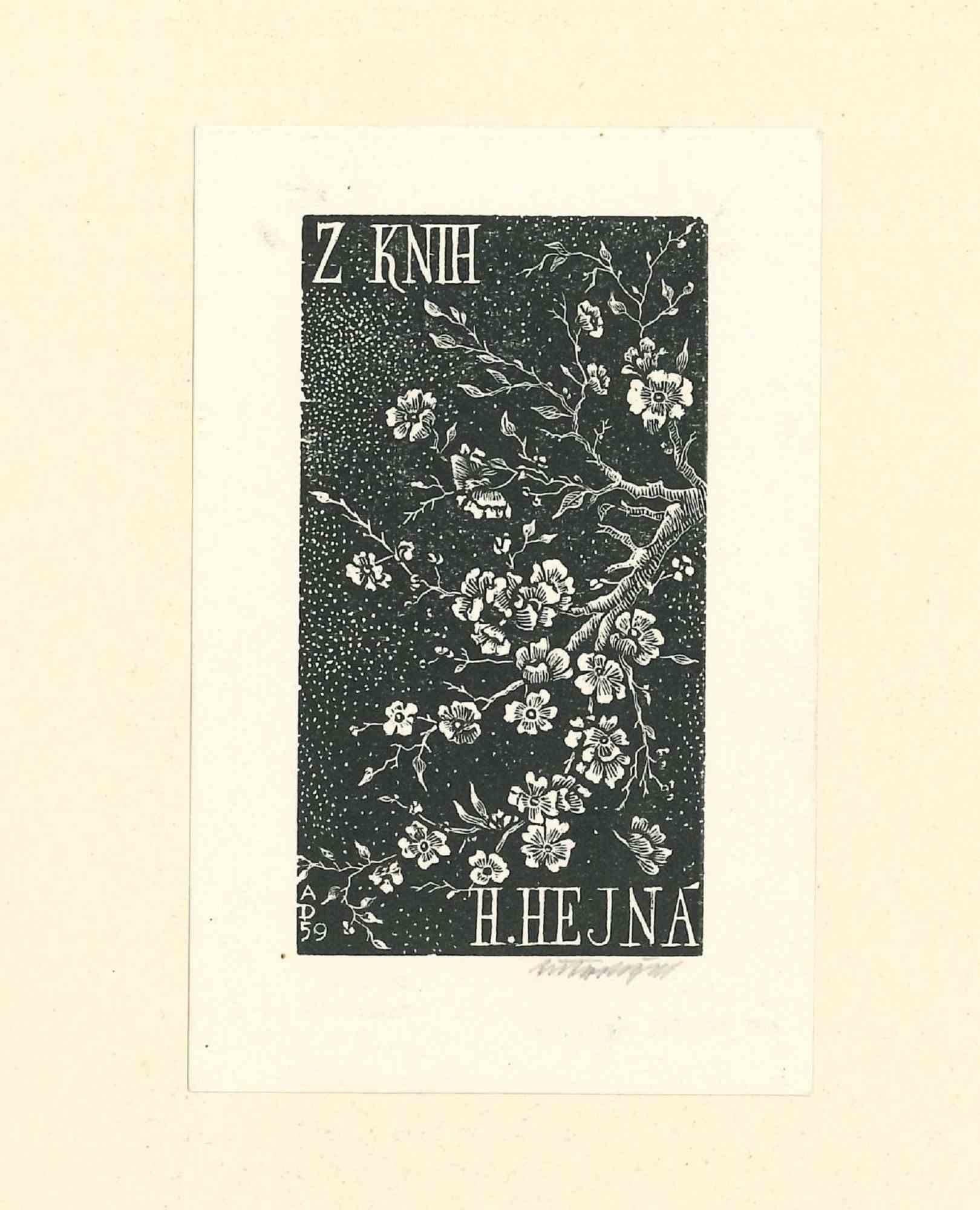 Unknown Figurative Print - Ex Libris Hejna - Original Woodcut - Mid-20th Century